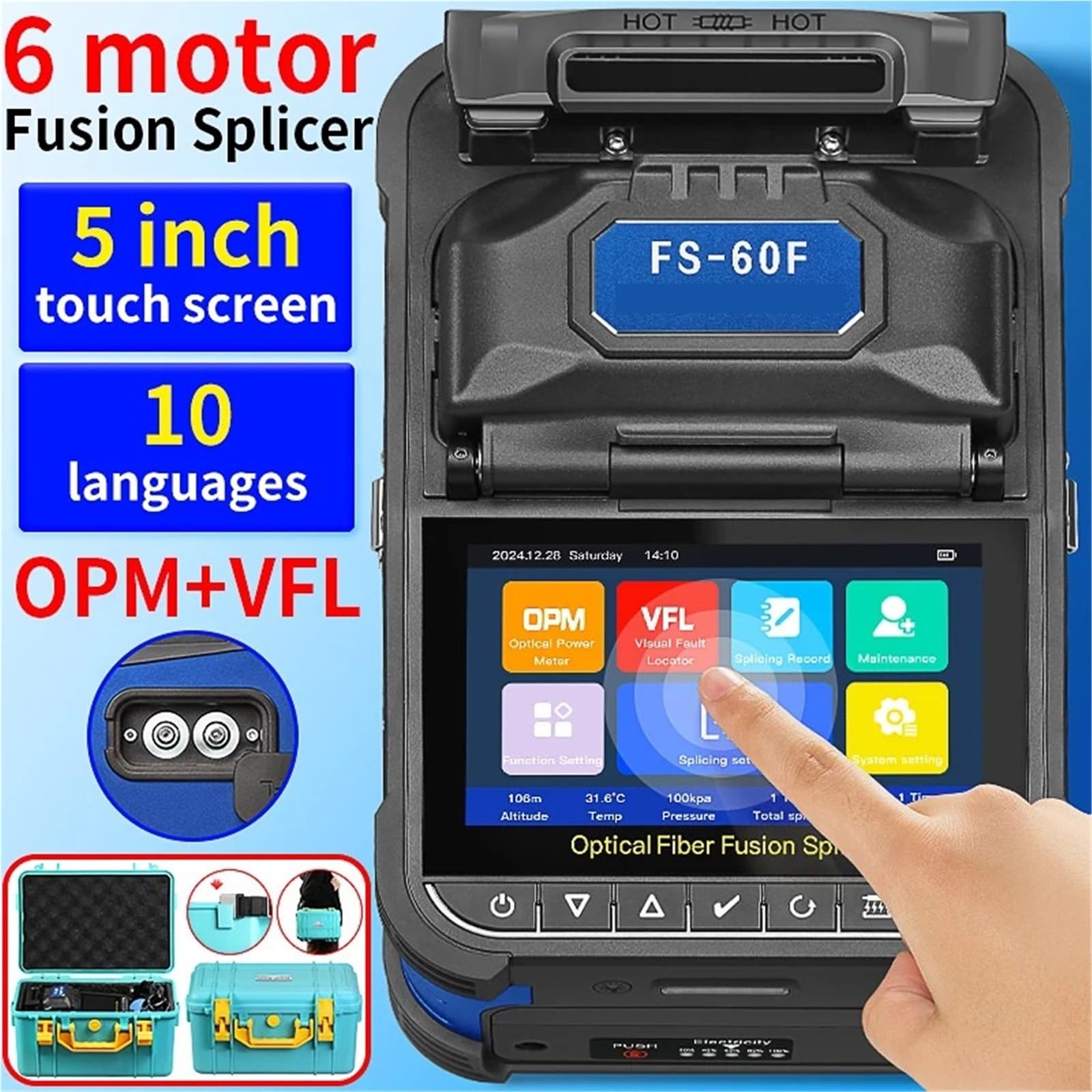 Empalmador de fusión de fibra óptica FS-60F, 6 motores, pantalla táctil multilingüe, máquina de fusión de fibra óptica FTTH, VFL OPM incorporado
