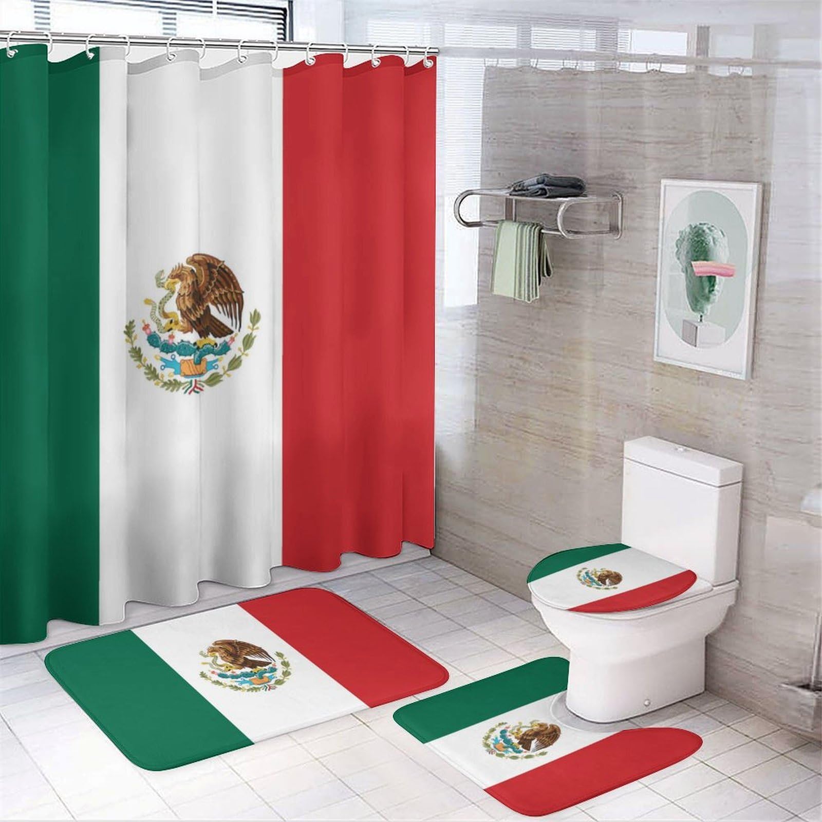 JZemdybill Bathroom Mat Set 4 Piece, Flag of Mexico Shower Curtain with Non-Slip Bath Mats for Bathroom