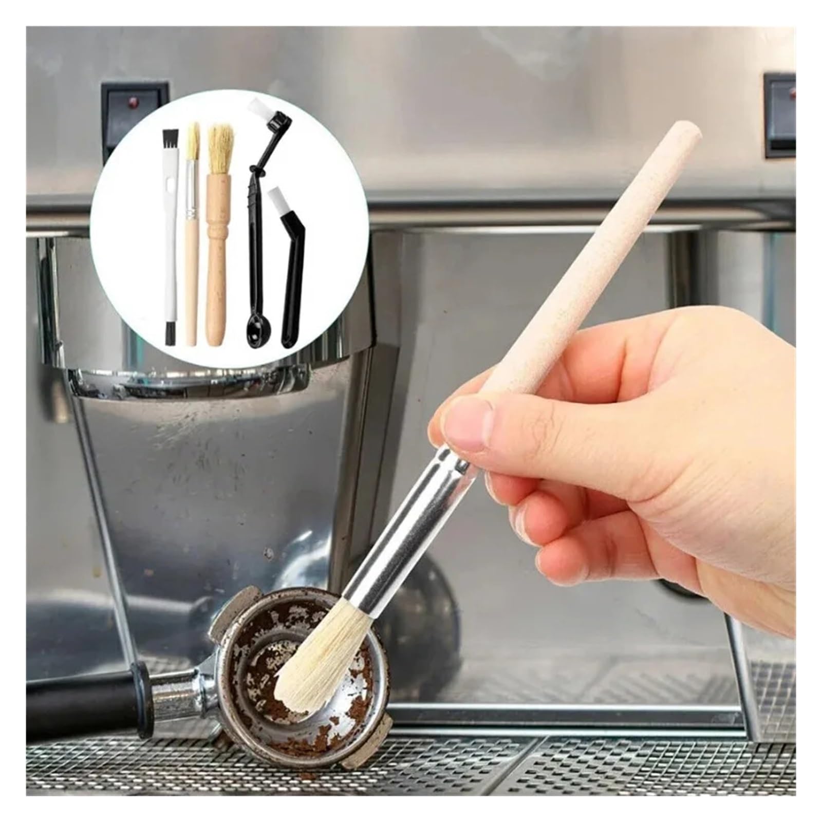 Kaffeemühle Reinigungsbürste Kaffeemühlenbürste aus Holz | Maschinenreinigendes Nylon-Reinigungsset(A-5PC)