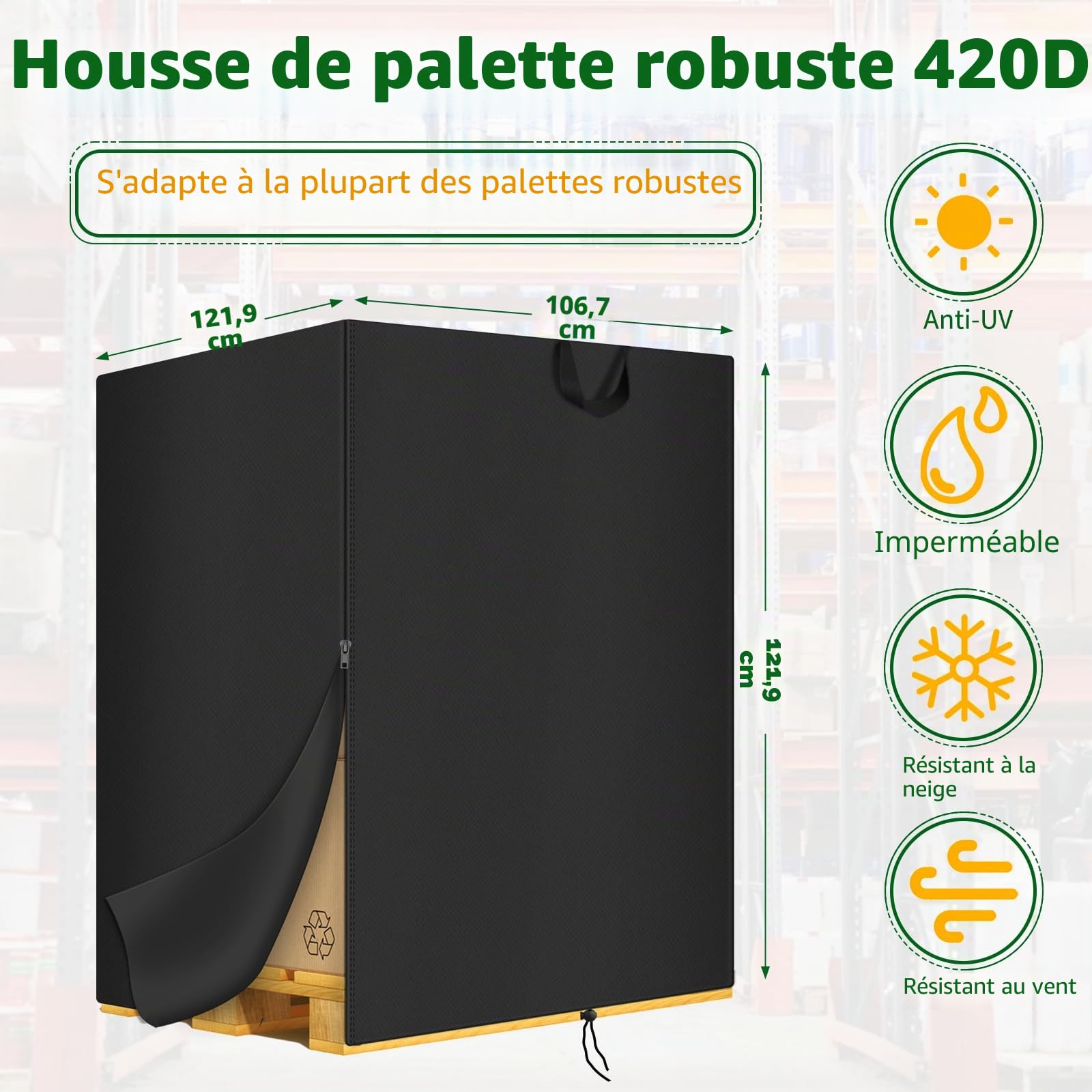 Housse de protection imperméable pour palette d'extérieur Oxford 420D - Housse de protection contre la poussière - Convient pour 122 x 106 x 122 cm (L x l x H)