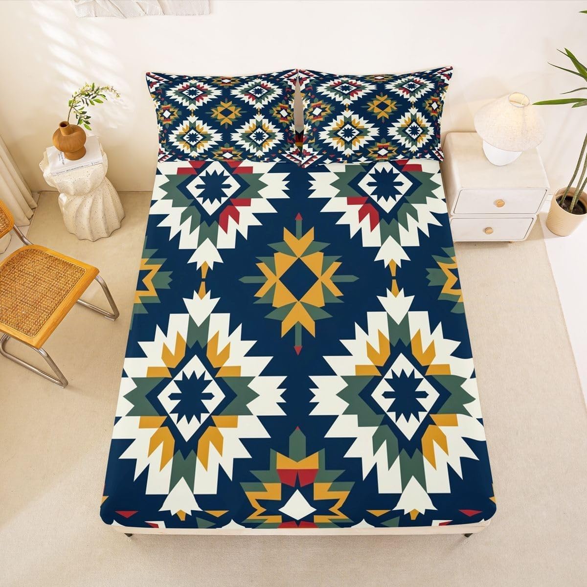 Sabana Bajera 135x190 Estilo éTnico Sabanas Bajeras Estampadas Bohemio Sábana Bajera Ajustable Suaves, Elastico Funda Colchon con 2 Funda Almohada 50x80 cm, para Colchón de 30cm de Altura