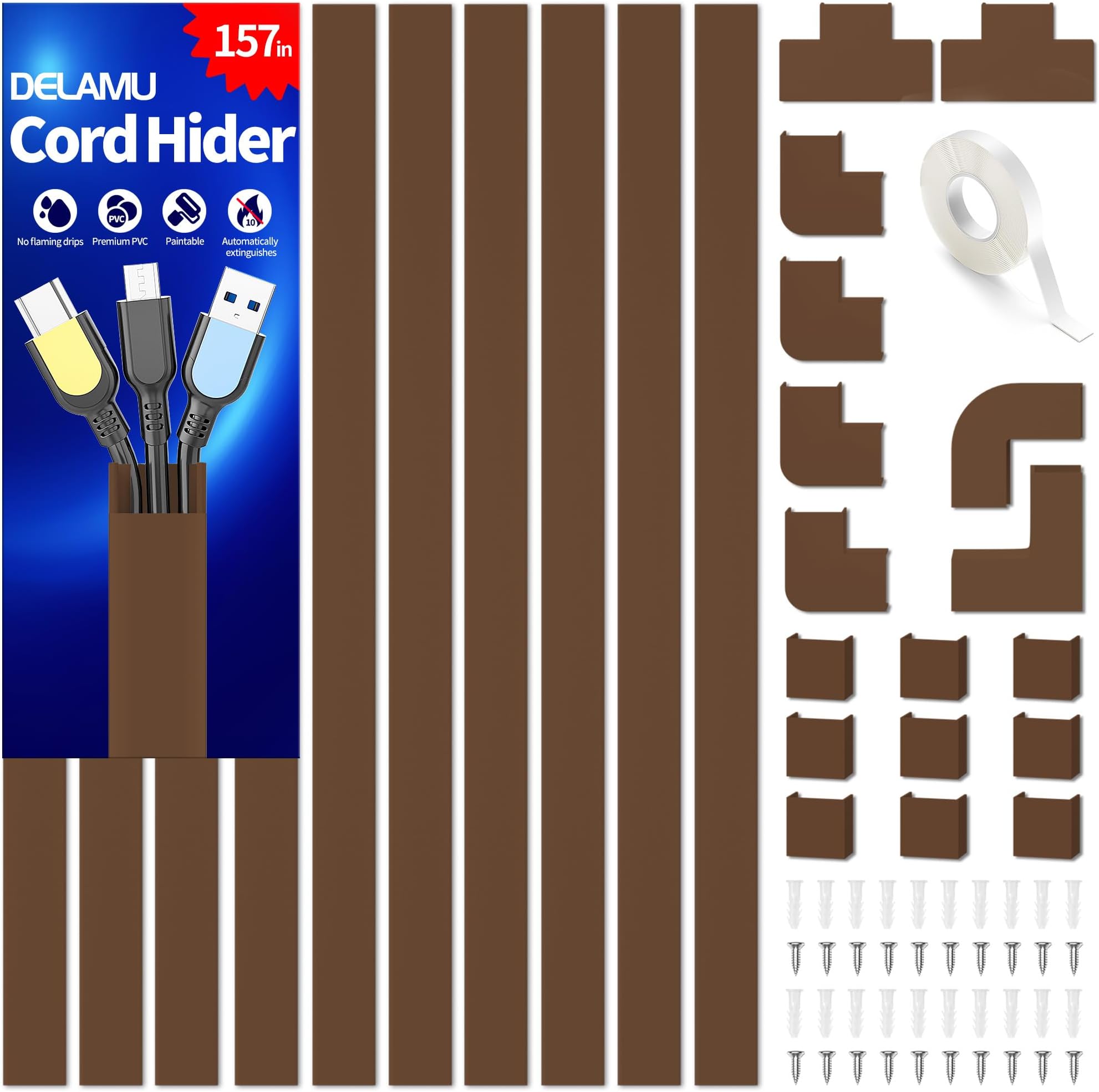 Wire Hider, 157in Delamu Cord Hider Wall, Paintable Wire Covers for Cords, TV Cable Hider Wall Kit, Cable Covers Raceway, Cable Management Hide TV Cords for Wall Mount TV, 10XL15.7 W0.95 H0.55in Brown