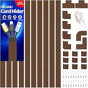 Wire Hider, 157in Delamu Cord Hider Wall, Paintable Wire Covers for Cords, TV Cable Hider Wall Kit, Cable Covers Raceway, Cable Management Hide TV Cords for Wall Mount TV, 10XL15.7 W0.95 H0.55in Brown