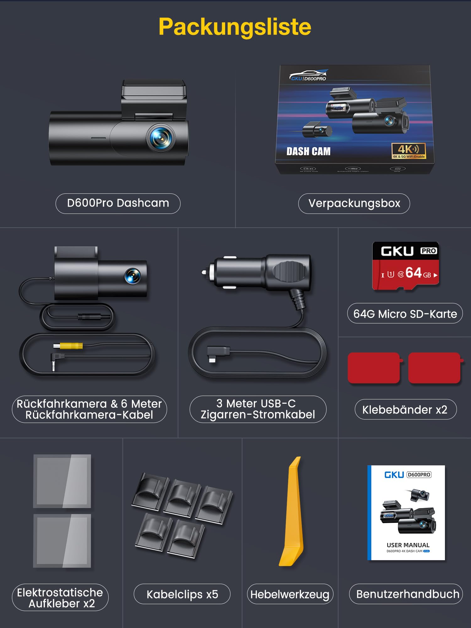 GKU 4K Dashcam Auto Vorne Hinten, 5GHz WiFi GPS, Dual Dash Cam, 1.5" IPS Mini Auto Kamera mit 64GB SD Karte, Parküberwachung, Super Nachtsicht, WDR, 170° Weitwinkel, G-Sensor, APP Steuerung