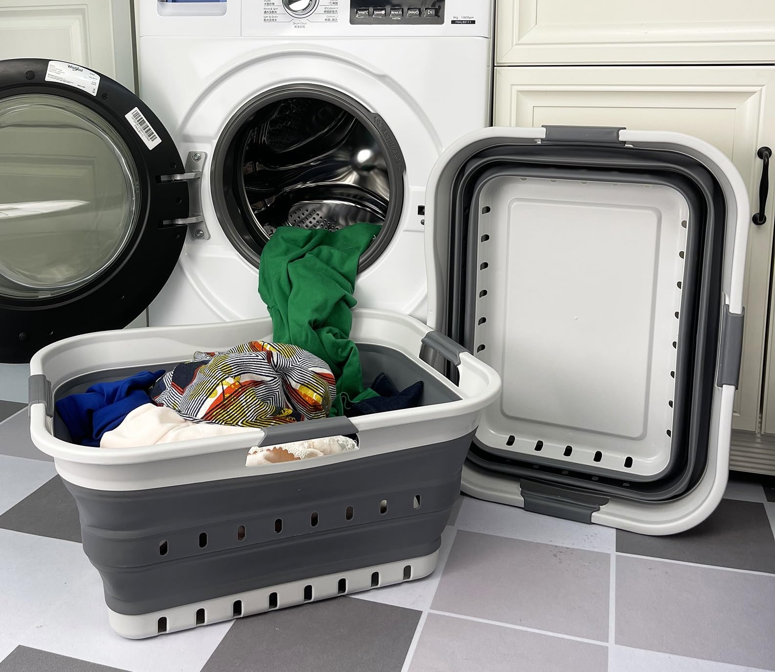 SAMMART 42L (11 Gallon) Set of 2 Collapsible Plastic Storage Basket - Foldable Pop Up Storage Container - Portable Laundry Organizer - Space Saving Hamper (Grey/Steel Grey, 42L (Style B))