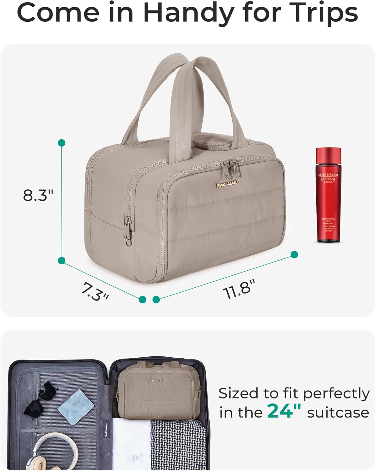 BAGSMART Travel Toiletry Bag, Crush Toiletry Bag for Women, Wide-open Puffy Toiletry Bags for Traveling, Large Travel Cosmetic Makeup Bag Organizer for Accessories,Toiletrie, Grayish Brown - Image 2