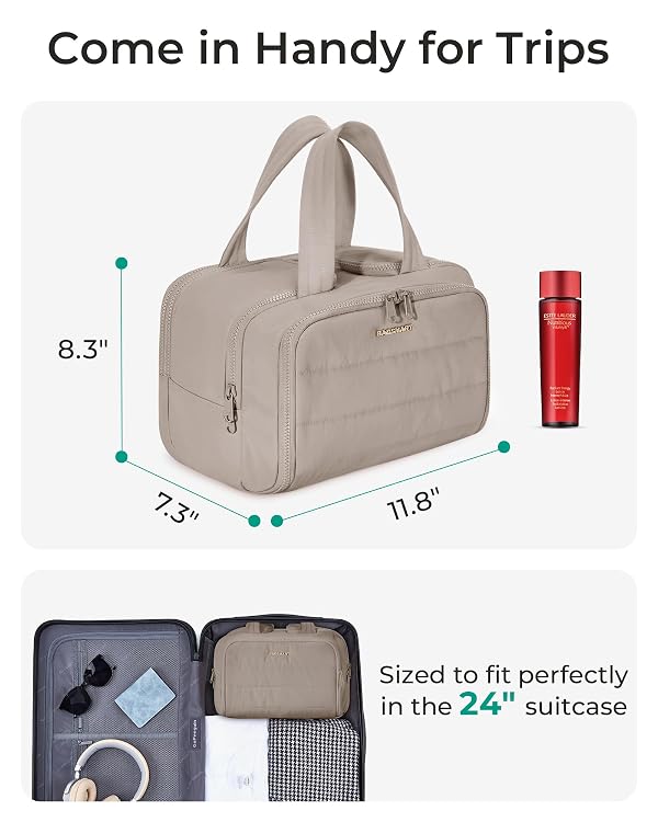 BAGSMART Travel Toiletry Bag, Crush Toiletry Bag for Women, Wide-open Puffy Toiletry Bags for Traveling, Large Travel Cosmetic Makeup Bag Organizer for Accessories,Toiletrie, Grayish Brown by BAGSMART - Image 2