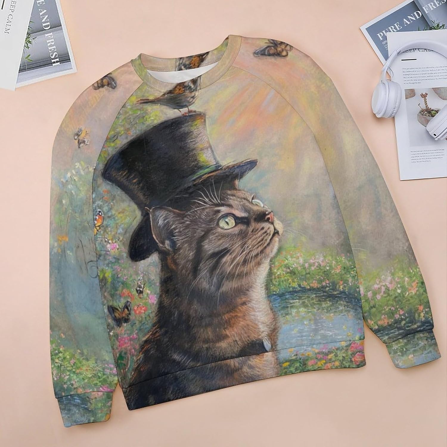 Long Sleeve Shirts for Women Cat Oil Painting Shirt 3D Graphic Sweatshirts Fall Pullover Crewneck Vintage Boho Tops - Image 2