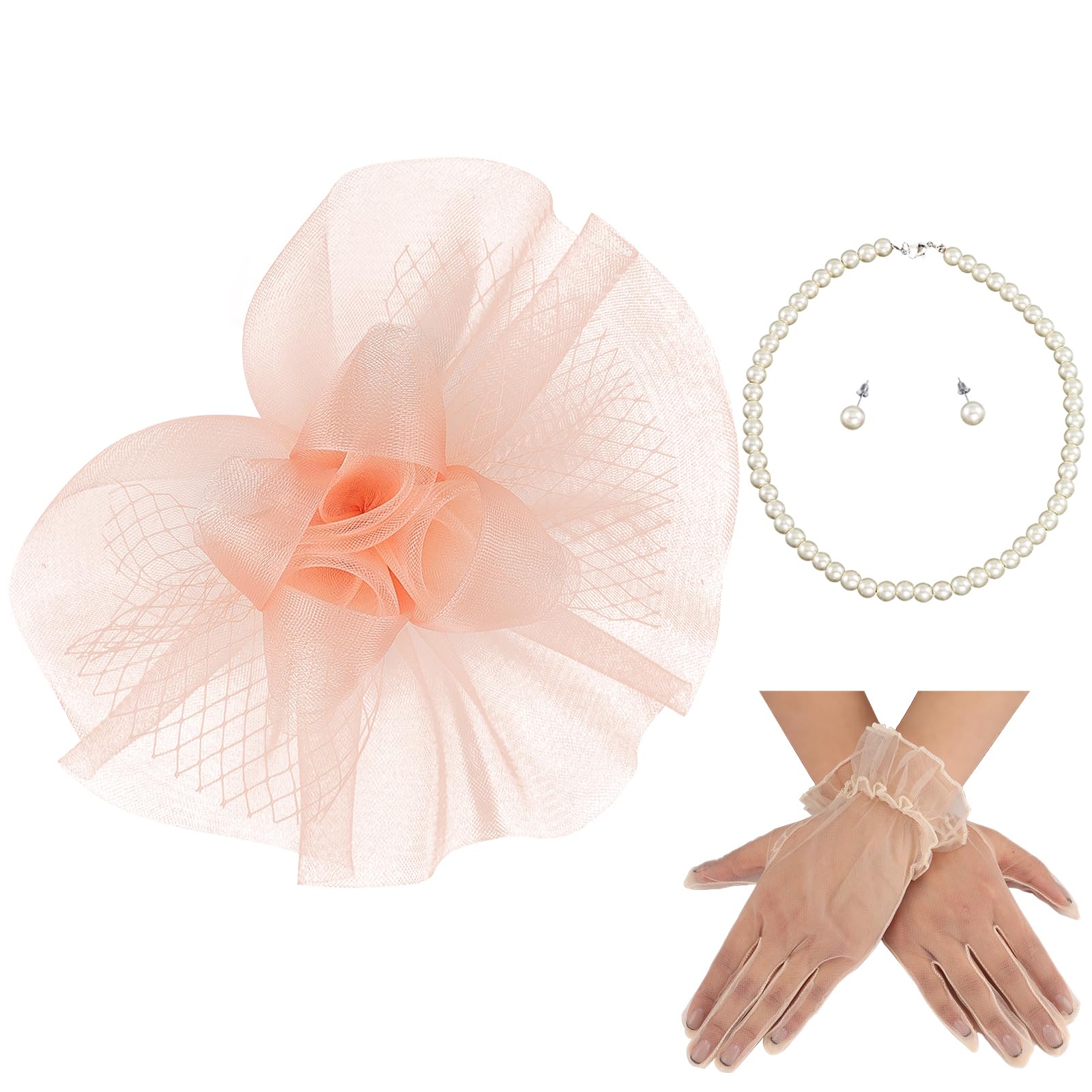 MS.ING Fascinator Hats for Women Tea Party Hats and Gloves Pearl Jewelry Set Derby Hat for Cocktail Wedding