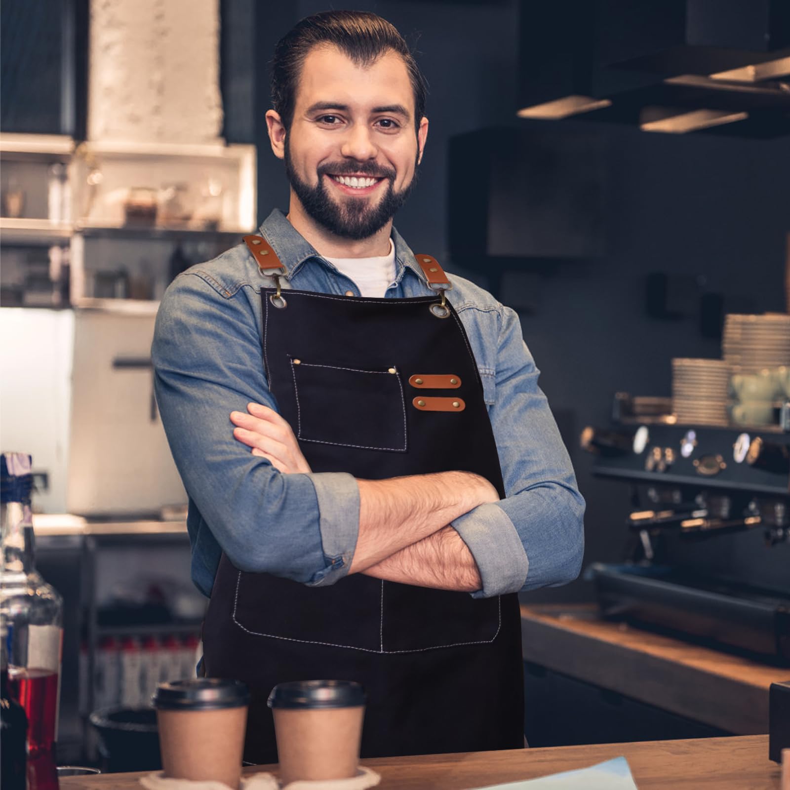 Fartuch kucharski, fartuch do grillowania dla mężczyzn i kobiet, fartuch kucharski, męski fartuch do grillowania dla mężczyzn, przedłużony, płócienny, wodoszczelny, krzyżowy grzbiet, do kuchni