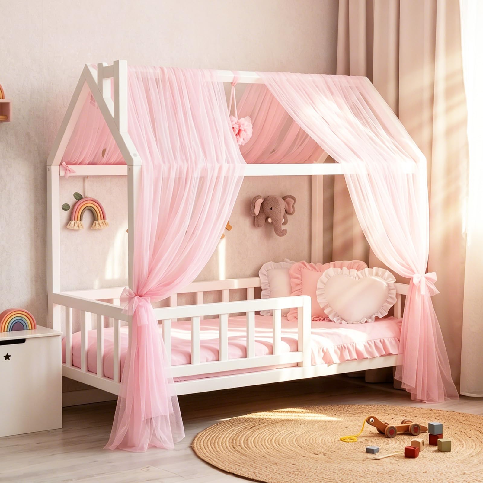 CEWROM Set di 2 tende a baldacchino per letto a baldacchino in tulle, decorazione e baldacchino per lettino, per bambine e ragazzi, 150 x 350 cm (rosa)