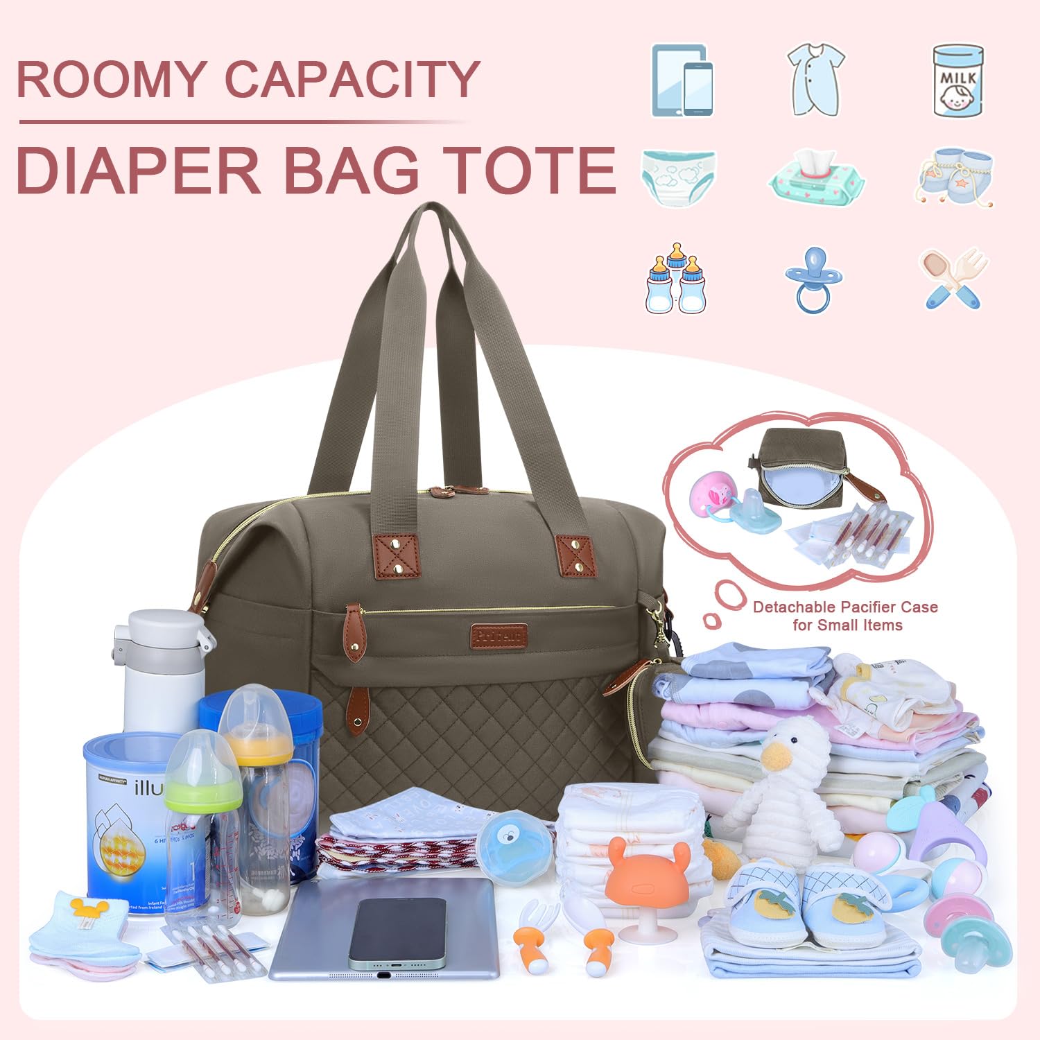 Diaper Bag Tote, Diaper Baby Bags with Pacifier Case, Shoulder Straps, Stroller Clips, Waterproof Large Mommy Bag Maternity Bag Travel Baby Bag for Mom and Dad, khaki - Image 3
