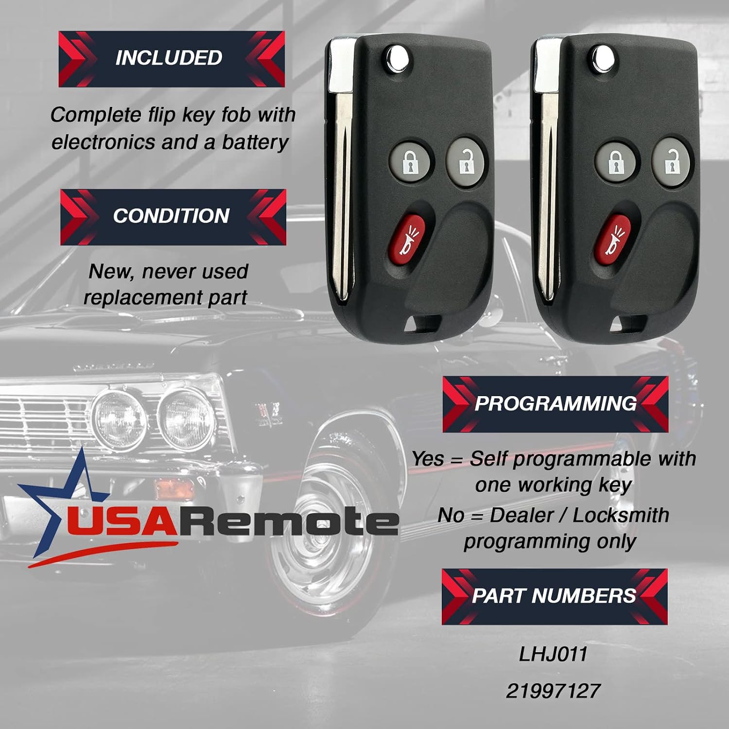 USA Remote Replacement Fits Cadillac Chevrolet GMC Key Fob Control 3btn LHJ011 21997127 Set of 2