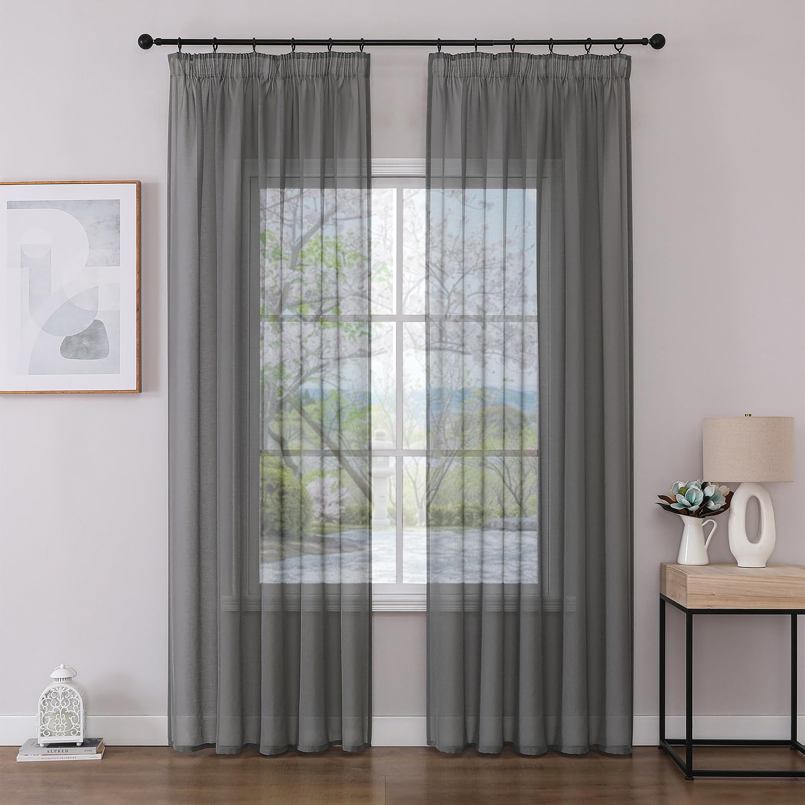 Joydeco 2er Set H245 x B140 cm Grau Transparent Vorhang Schiene Gardinen mit Kräuselband Durchlässig Curtains Lang Vorhänge für Schienensystem Modern