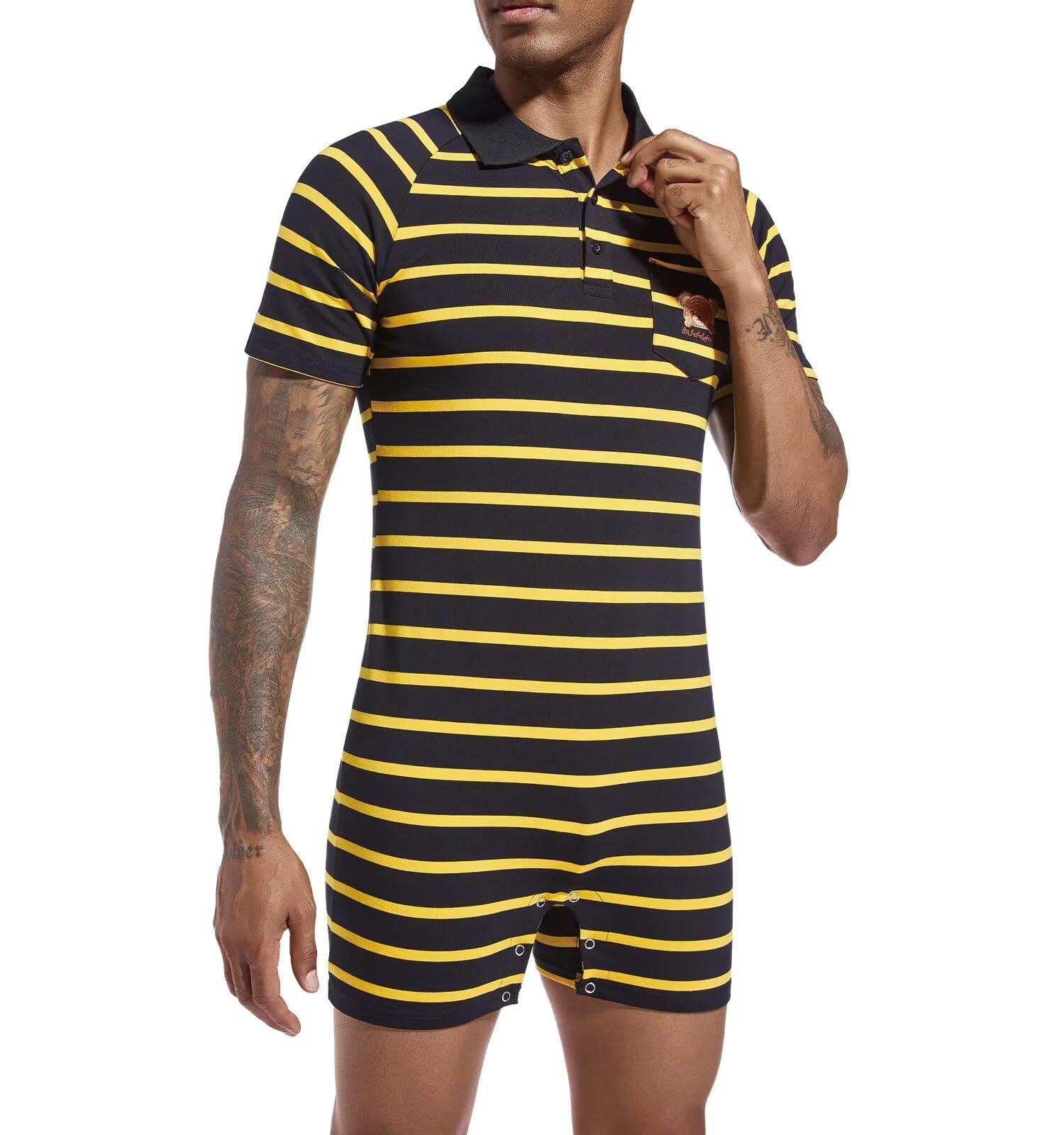Landofgenie Onesie Pyjama Herren Kurzarm Baumwolle Strampler One Piece Bodysuit Gestreiftes Romper für Männer