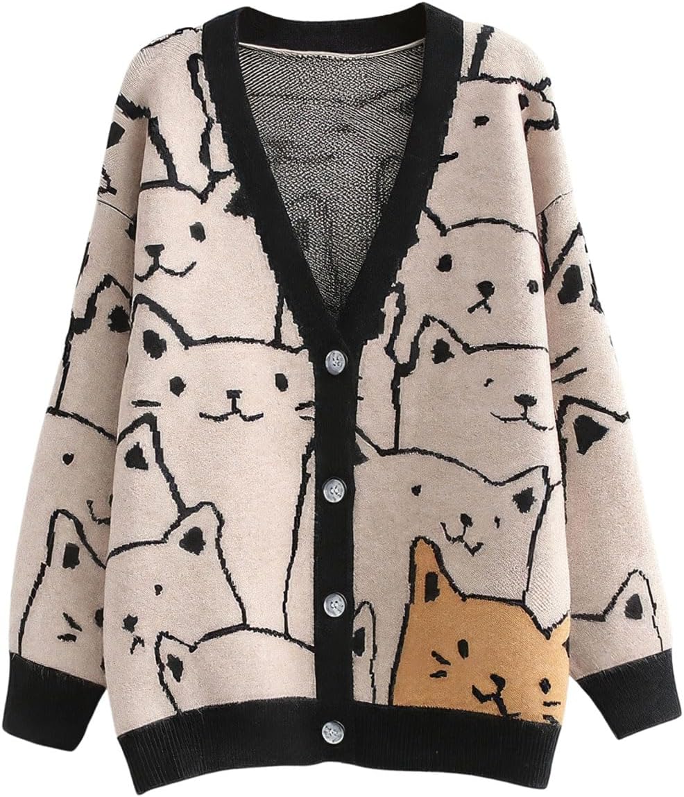 ebossy Women's Kawaii Cartoon Cat Cardigan Japanese Aesthetic Button Down Jacquard Knit Sweater Coat