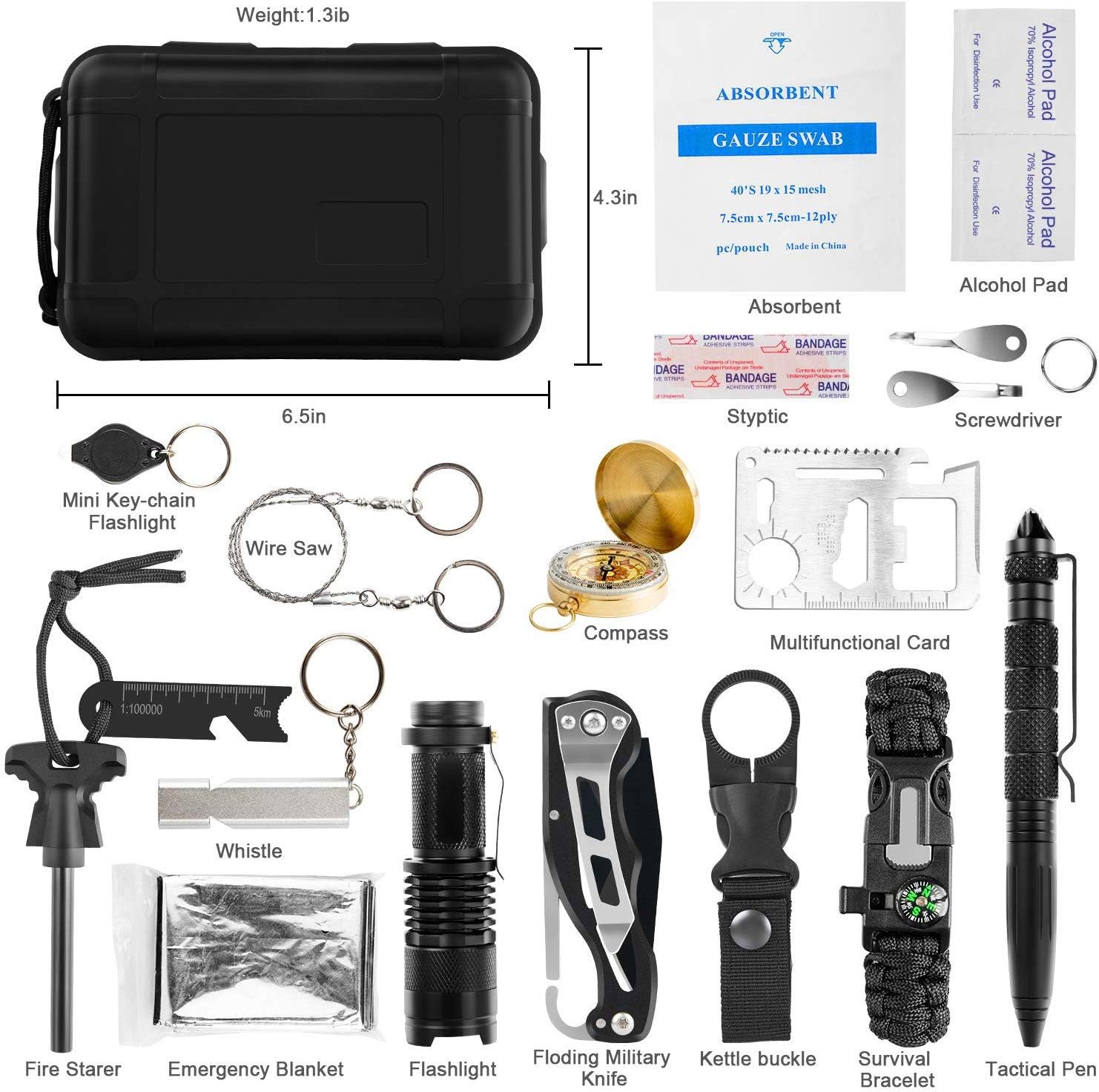 KOSIN Survival Gear and Equipment,18 in 1 Emergency Survival Kit, Professional Defense Tool with Knife Blanket Bracelets Backpack Temperature Compass Fire Starter for Adventure Outdoors Sport : Sports & Outdoors