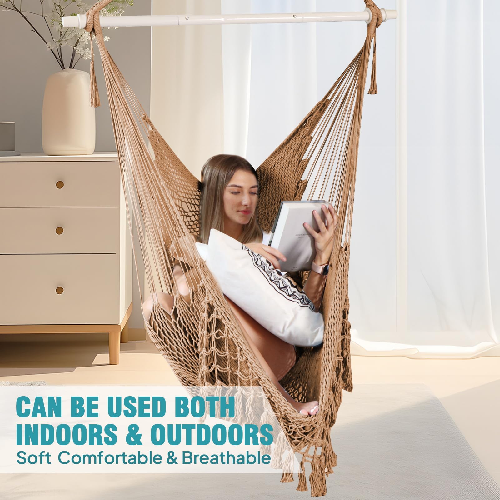 Silla hamaca súper grande de tejido de cuerda de algodón hilado suave, plegable y resistente, barra esparcidora de metal, asiento ancho, sillas oscilantes elásticas para interiores y exteriores 6