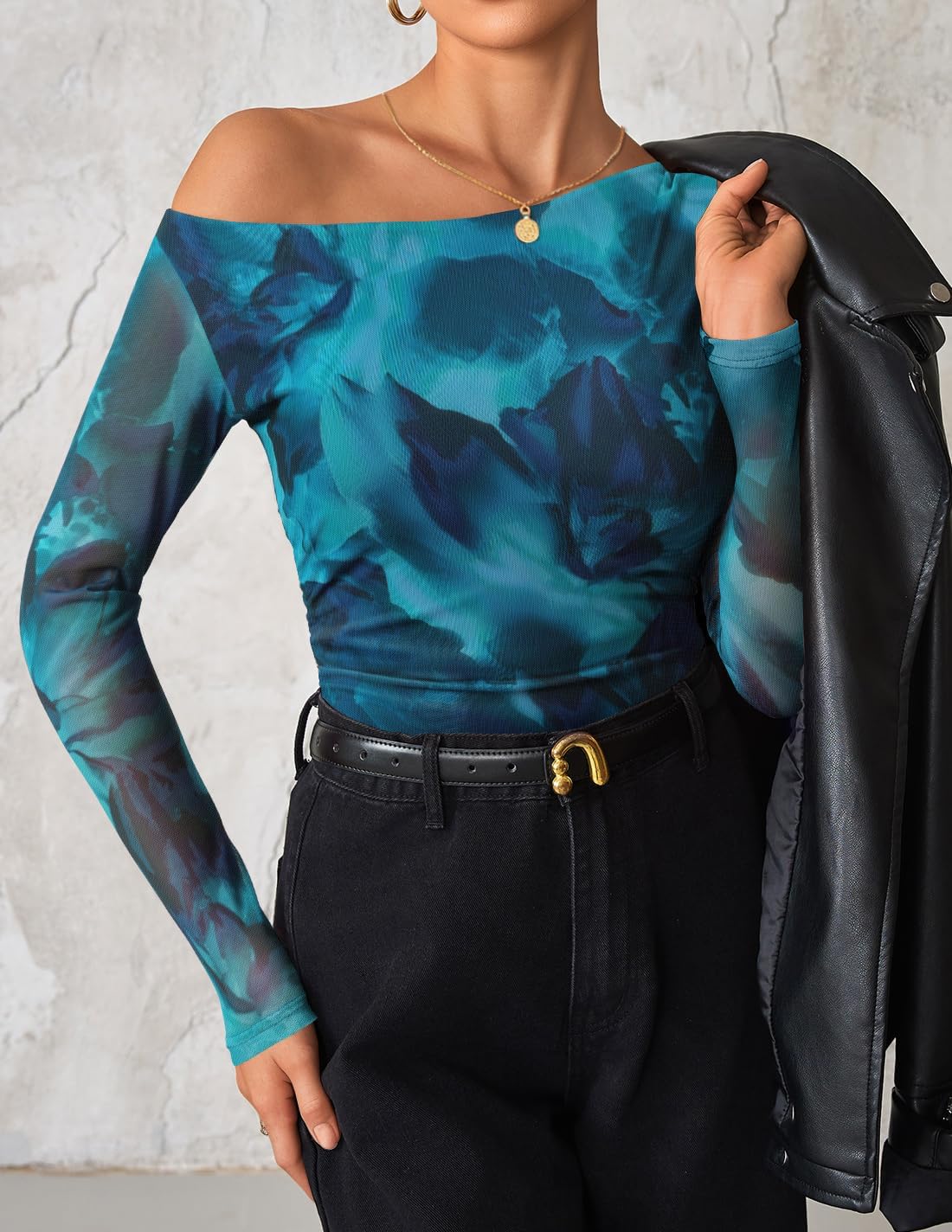 ZESICA Women's Floral Off Shoulder Long Sleeve Tops 2026 Spring Mesh Ruched Fitted Trendy Going Out Shirts Blouses - Image 8