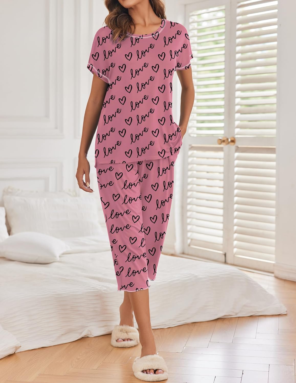 Ekouaer 2 Pack Womens Pajamas Sets Short Sleeve Tops and Capri Pants Pjs Colorful Printed Sleepwear Sets - Image 2