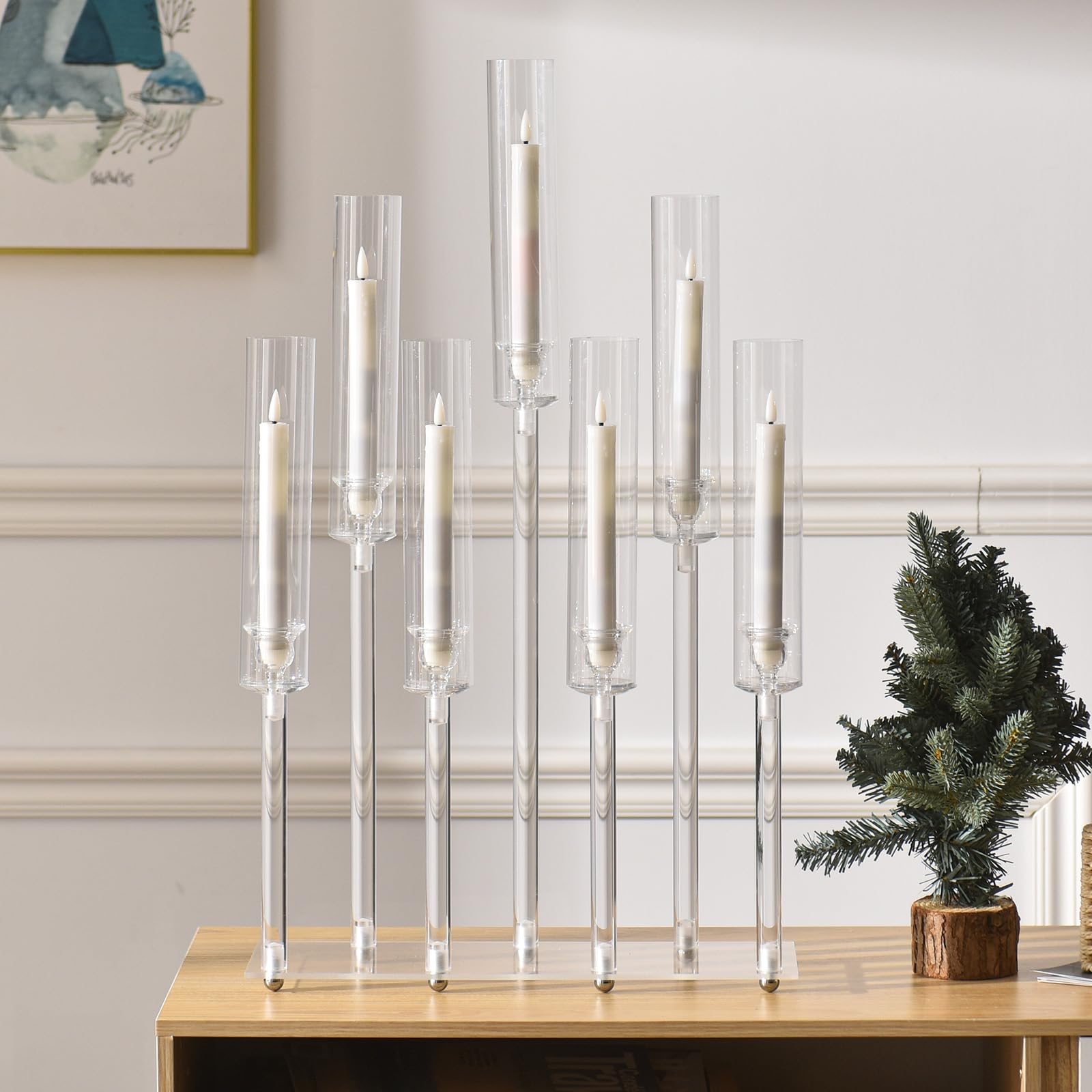 Acrylic Candle Holder for LED Candle, Candlestick Holders for Table Centerpiece, Candelabra 7 Arms for Living Room Wedding Party Birthday Centerpieces Decor 26.5 Inch