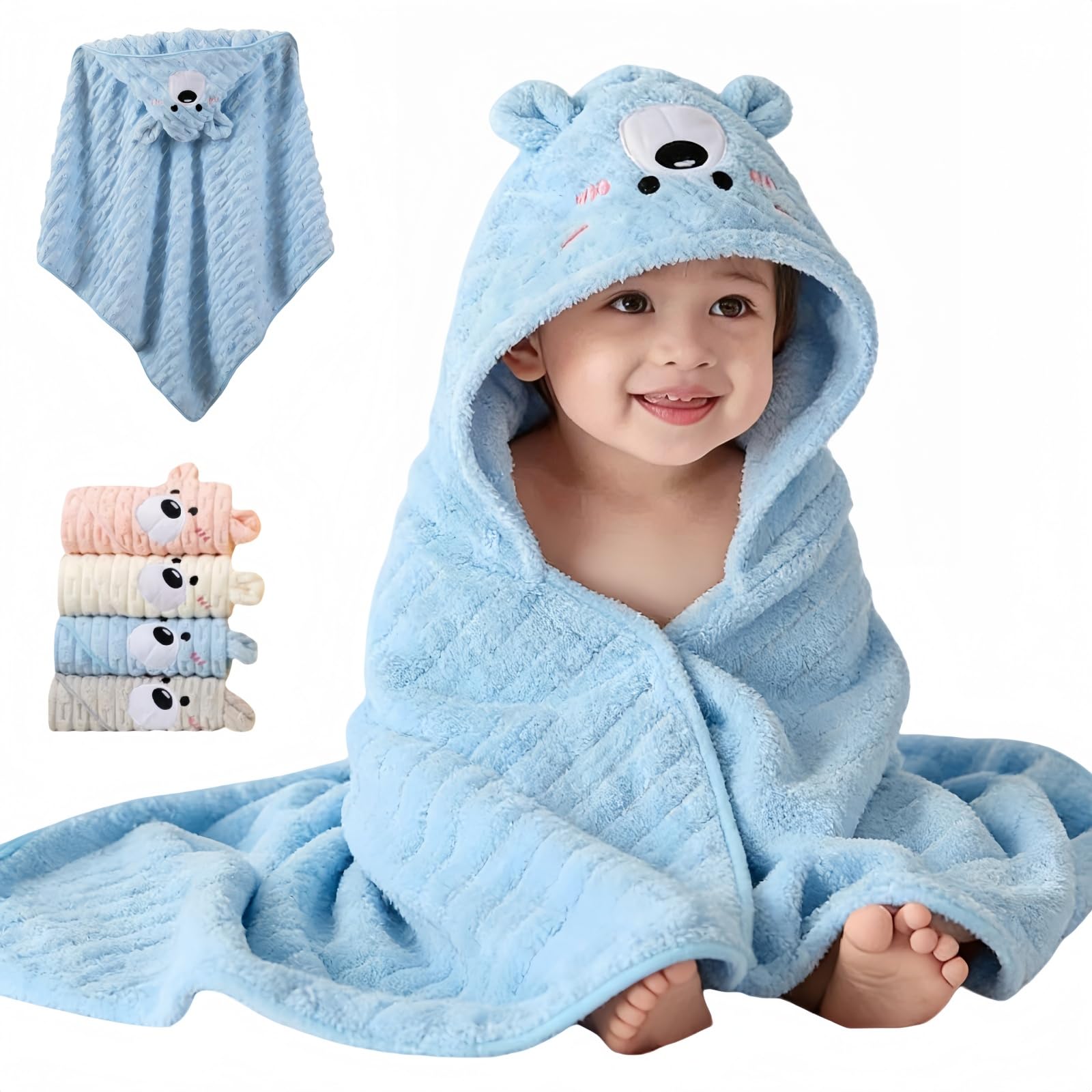 Sumneo Kuscheliges Fleece Baby Handtuch mit Kapuze | Weiches Hooded Badetuch mit Tierdesign | Saugstark & Schnelltrocknend für Neugeborene, Babys & Kleinkinder (Blau)