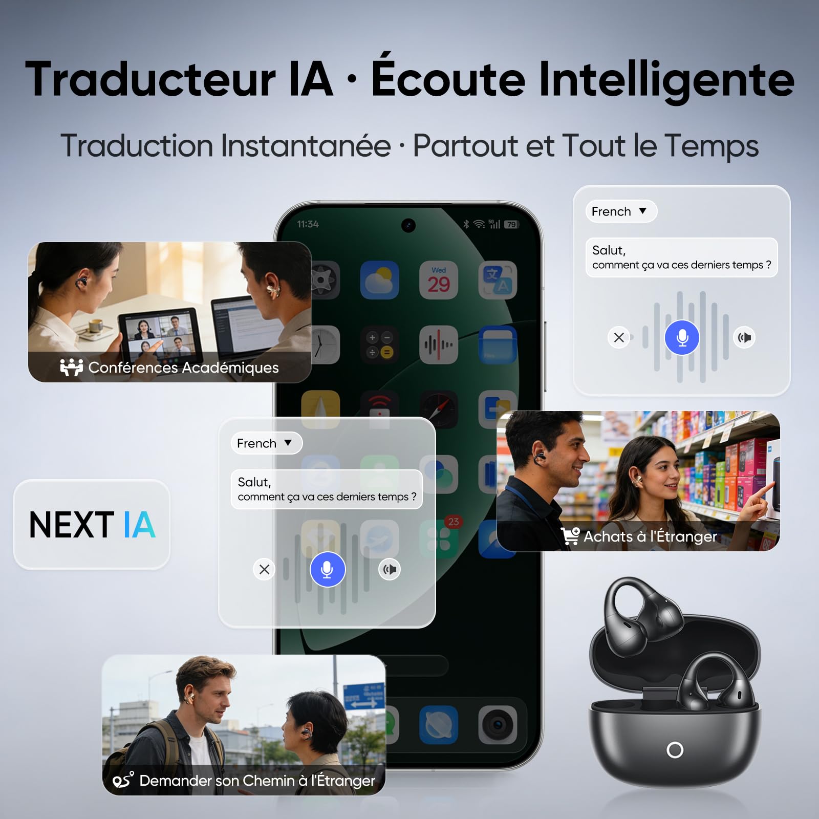 realme Buds Clip Écouteurs Bluetooth à Clip, 36H d'Autonomie, Réduction de Bruit des Appels IA, Traducteur IA, IP55, Bluetooth 5.4, Connexion Double Appareil, pour Sport & Intérieur, Negro Titanio
