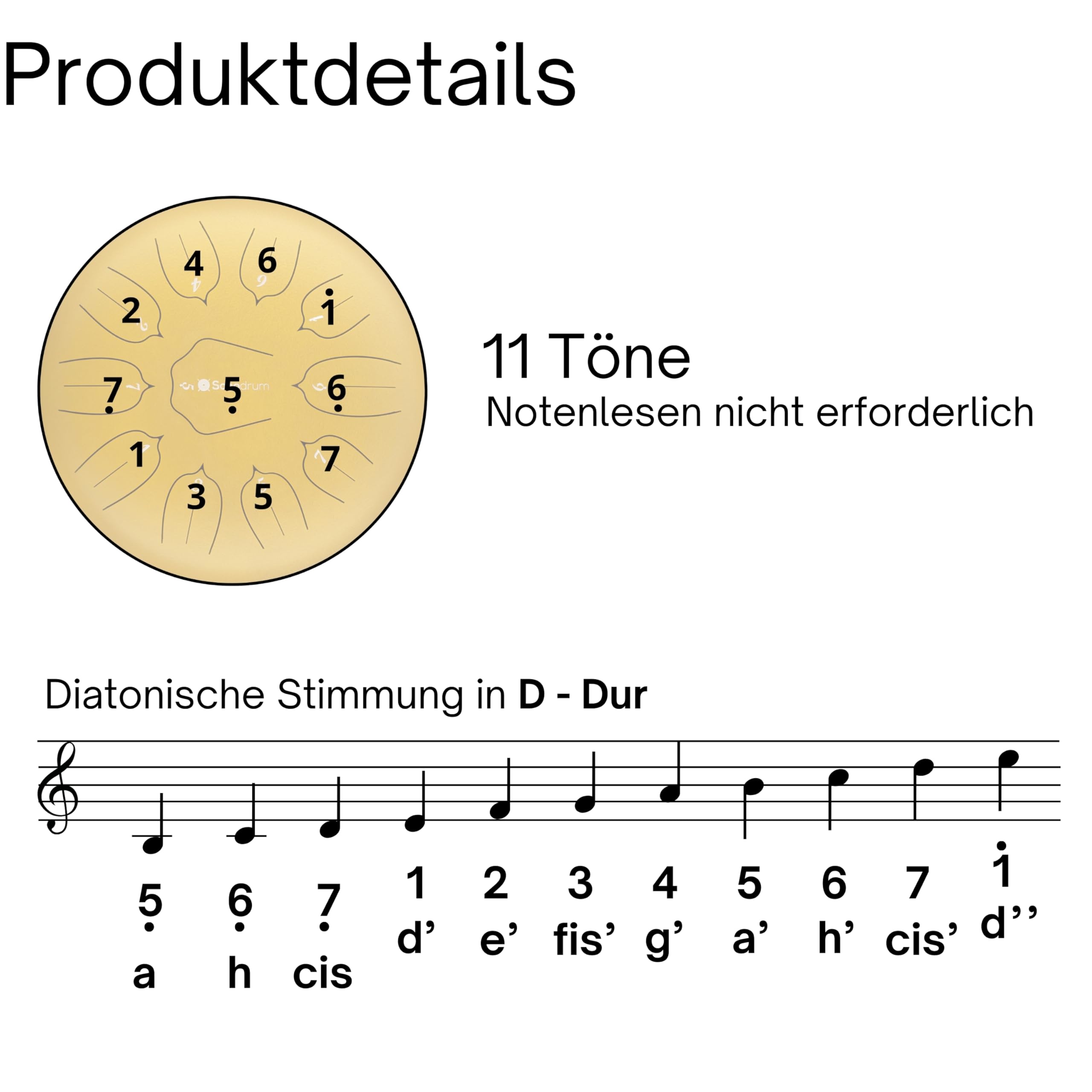 Zungentrommel "Standard" D - Dur in Gold - 30 cm groß mit 11 Tönen - Steel Tongue Drum inkl. Liederbuch, Schlägel, Fingersticks und Tragetasche - Notenlesen nicht nötig, einfach zu spielen.