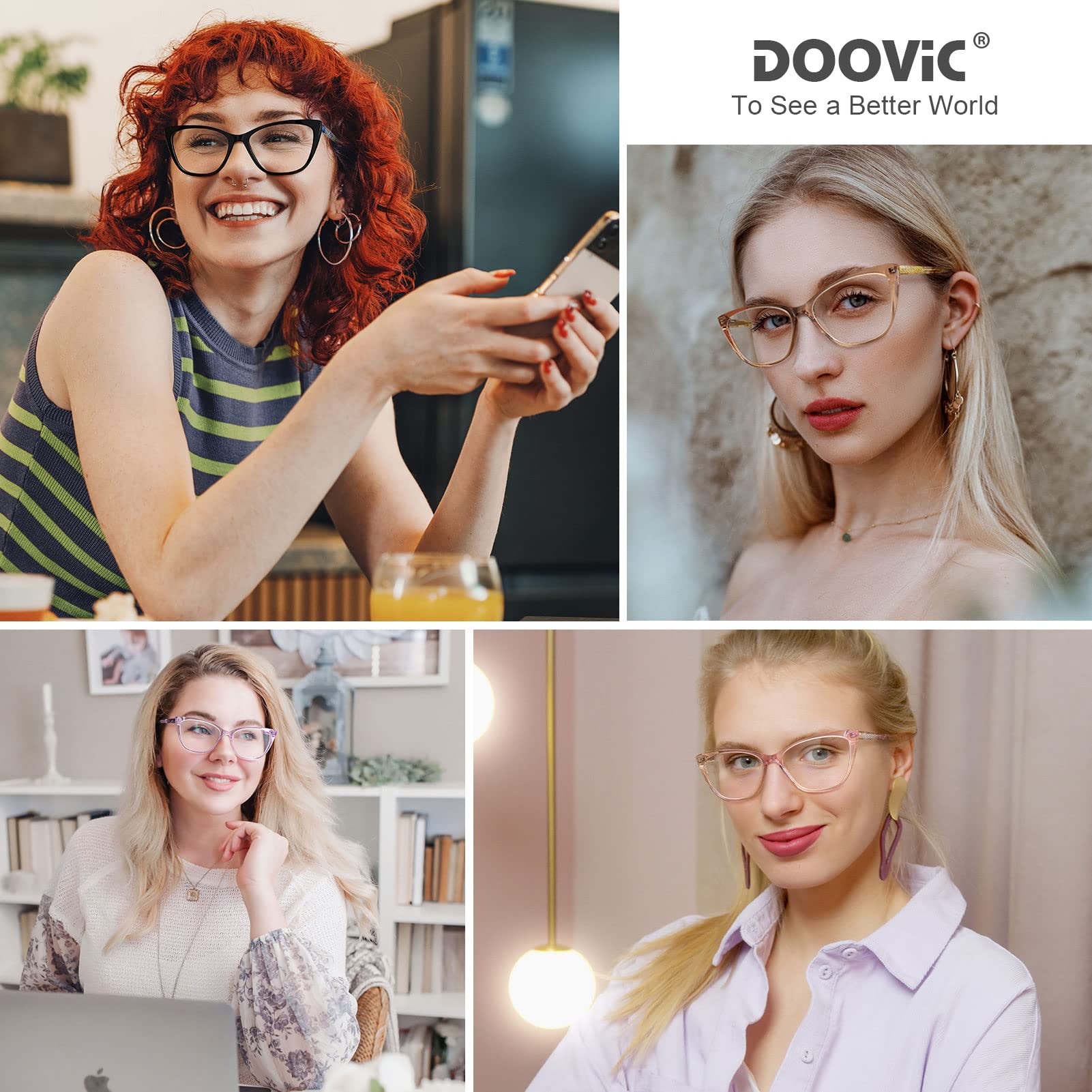 DOOViC Computer Reading Glasses Blue Light Blocking Anti Eyestrain Fashion Cat Eye Spring Hinge Readers for Women 1.0 Strength