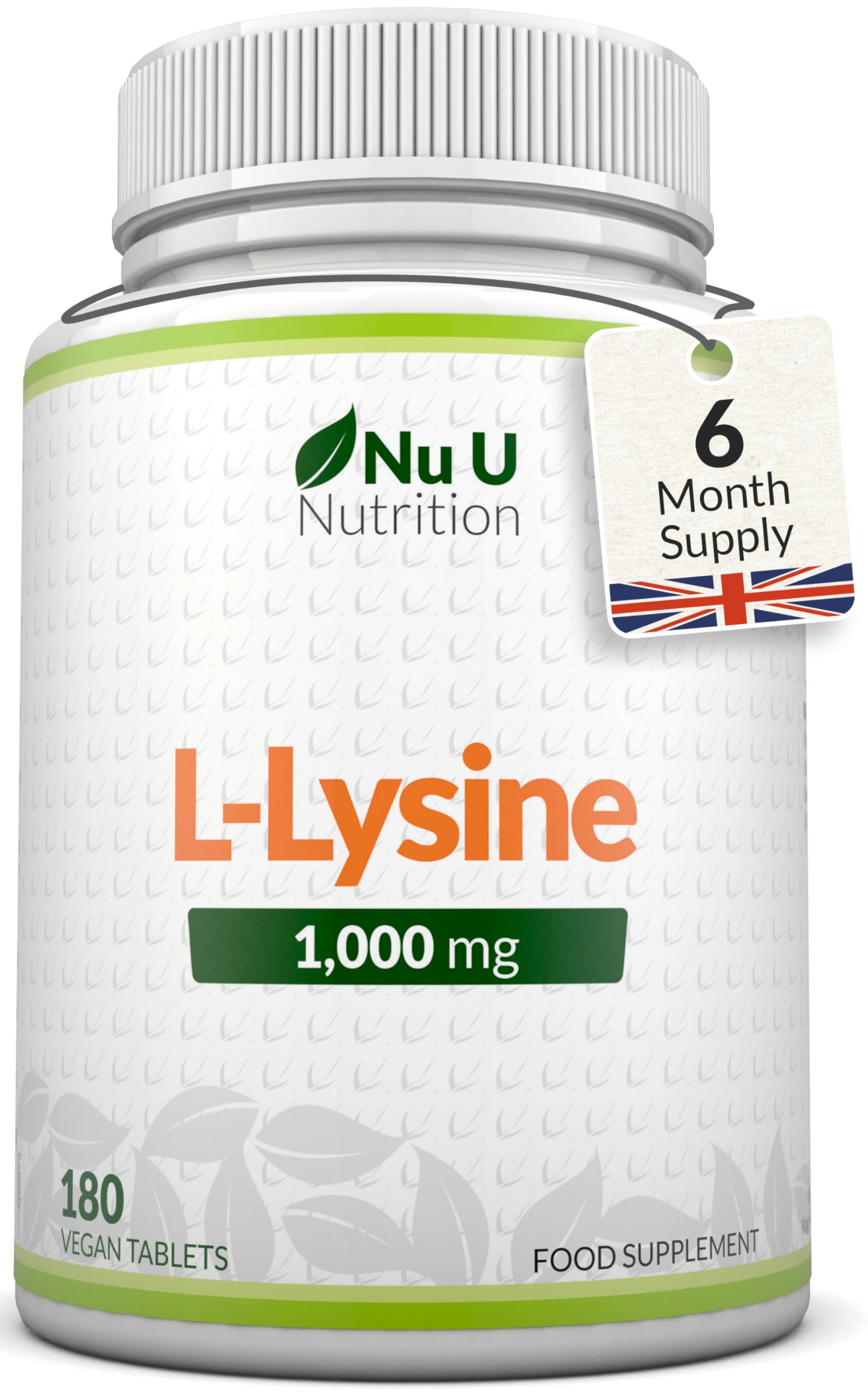 L-Lysine 1000mg High Strength - 180 Vegan Tablets - 6 Month Supply - Essential Amino Acid - Made in The UK - Nu U Nutrition