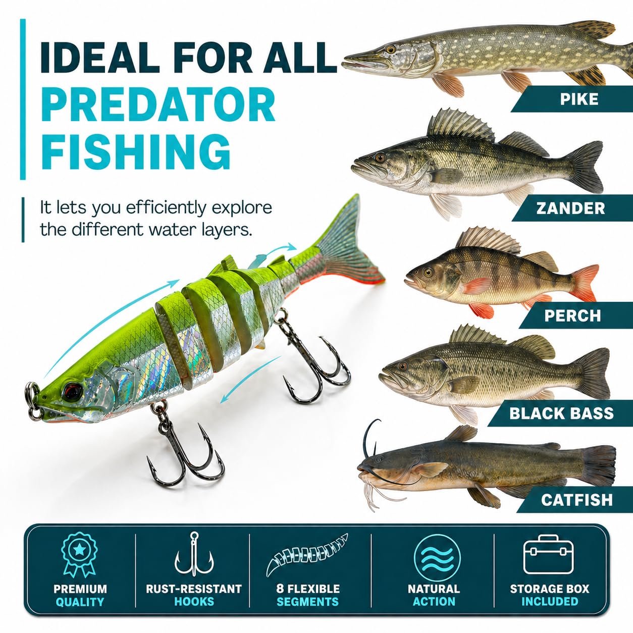 Leurre De Pêche électrique Robotique – Lumière Verte – 114 G – Rechargeable 650 MAh – Corps Multi-articulé – Brochet, Perche, Truite