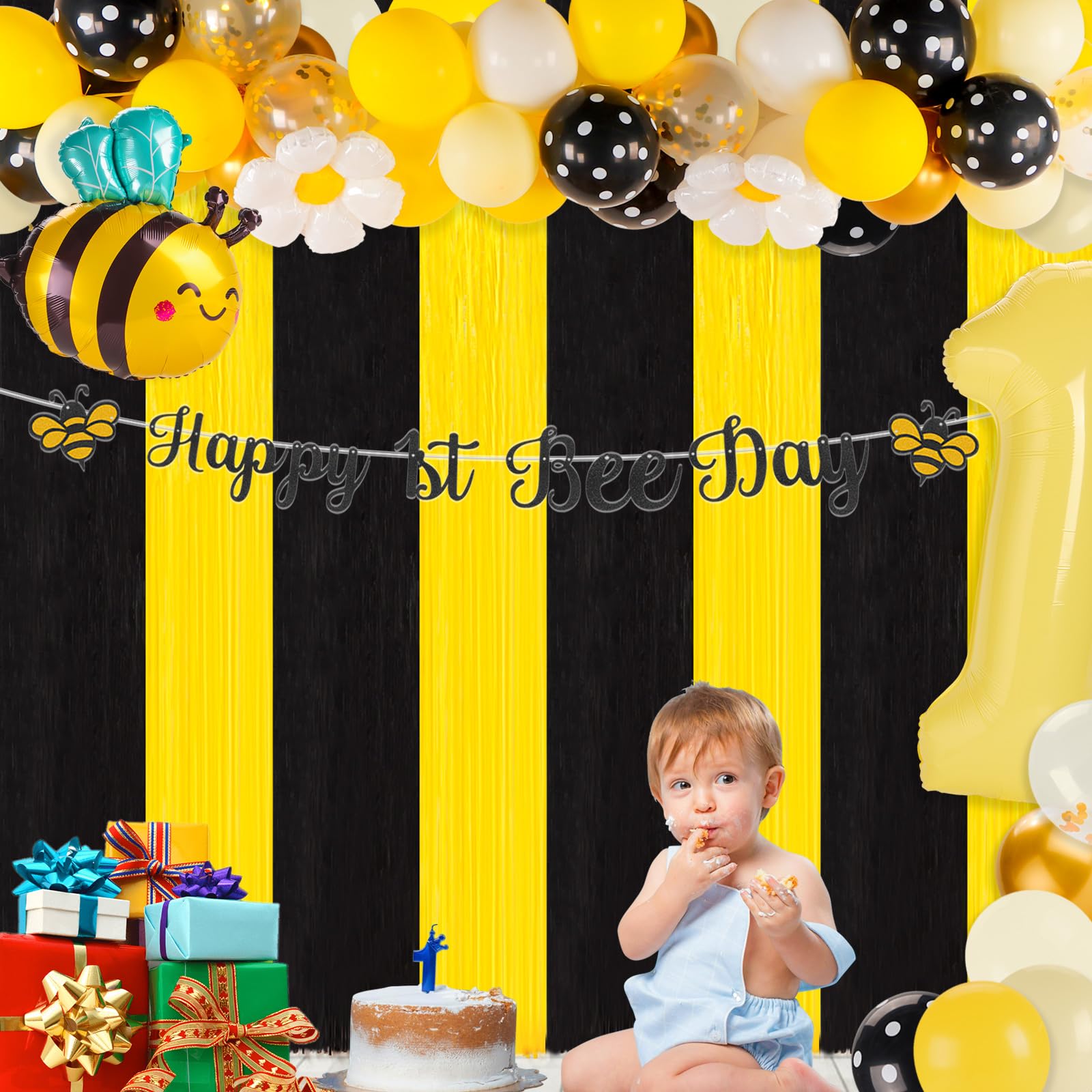 56pcs Happy 1st Bee Day Decorations Bumble Honeybee First Birthday Party Decorations Fun to Bee One Decoration with Number 1 Daisy Balloon, Banner,