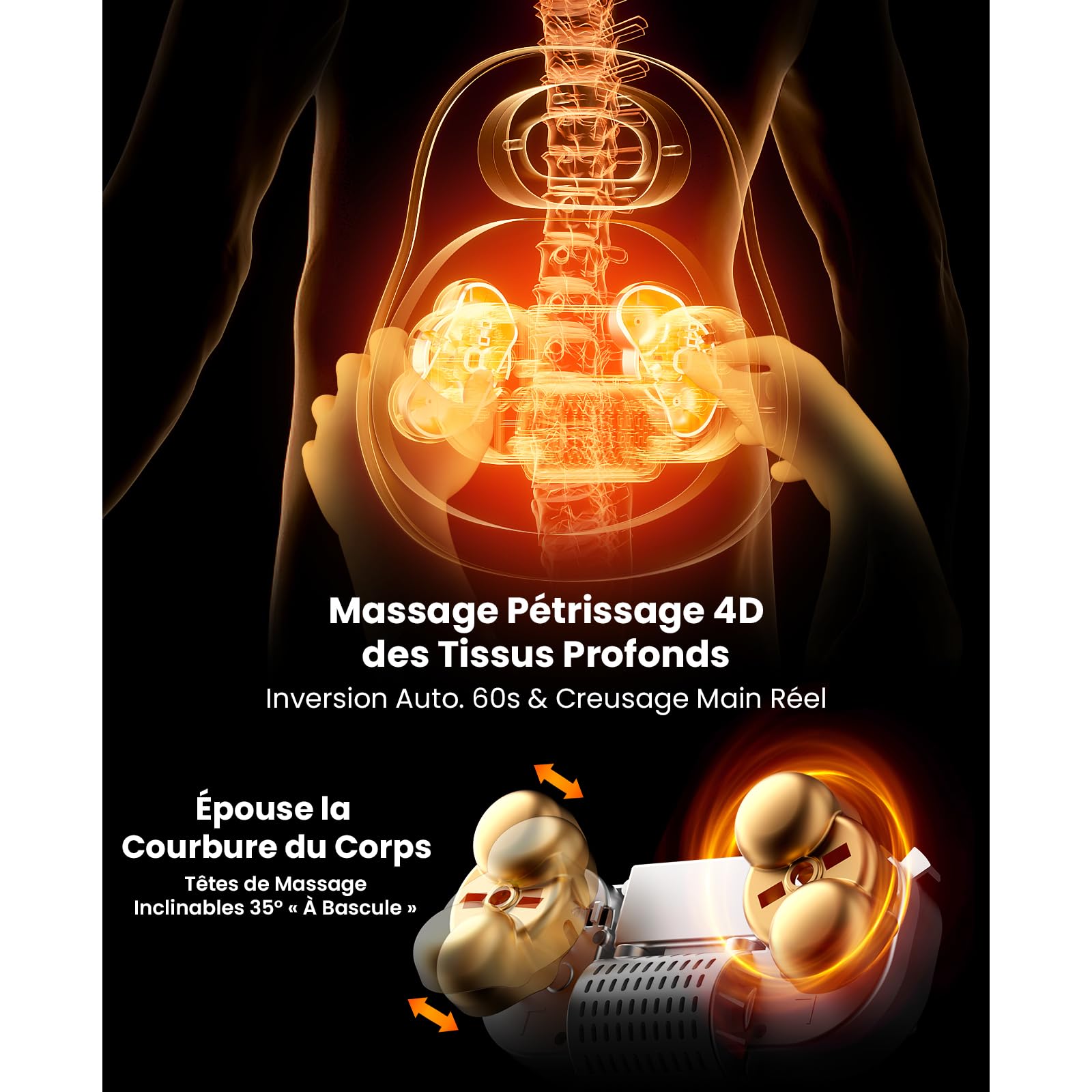 BOB AND BRAD Masseur Dos et Cervicales avec Chaleur pour Soulagement Douleur, EZBack Go Massage Shiatsu 4D Tissus Profonds, Coussin Massant avec Poignée Bureau et Maison, Cadeau Hommes et Femmes