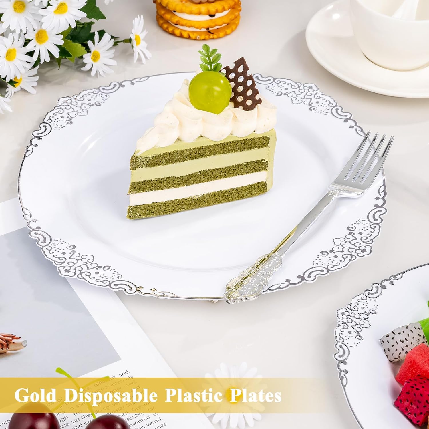 Goodluck 100PCS White and Silver Plastic Plates – 10.25” Heavy Duty Disposable Dinner Plates & Party Plates for Weddings, Parties, Events – Elegant, Sturdy - Image 2