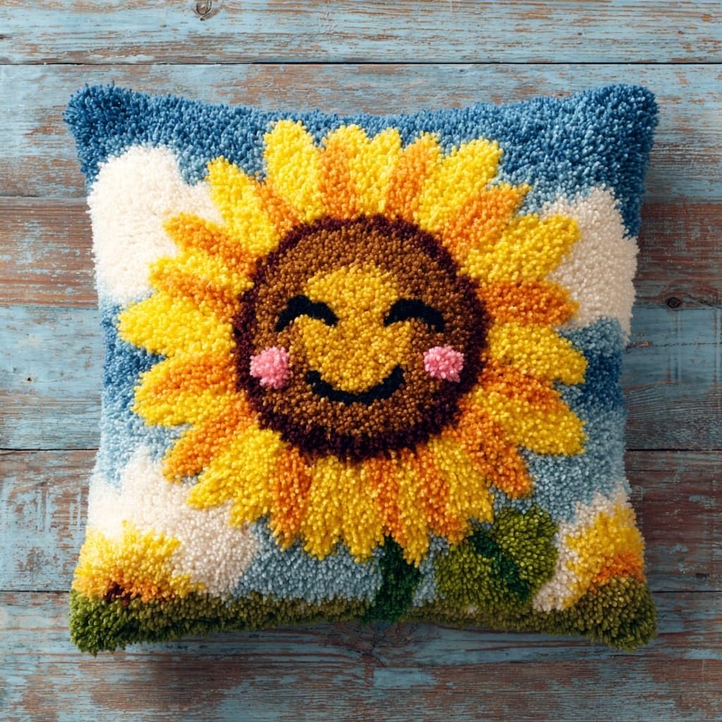 WallustrioaW DIY Latch Hook Kits 43x43cm,Cartoon Smiling Sunflower