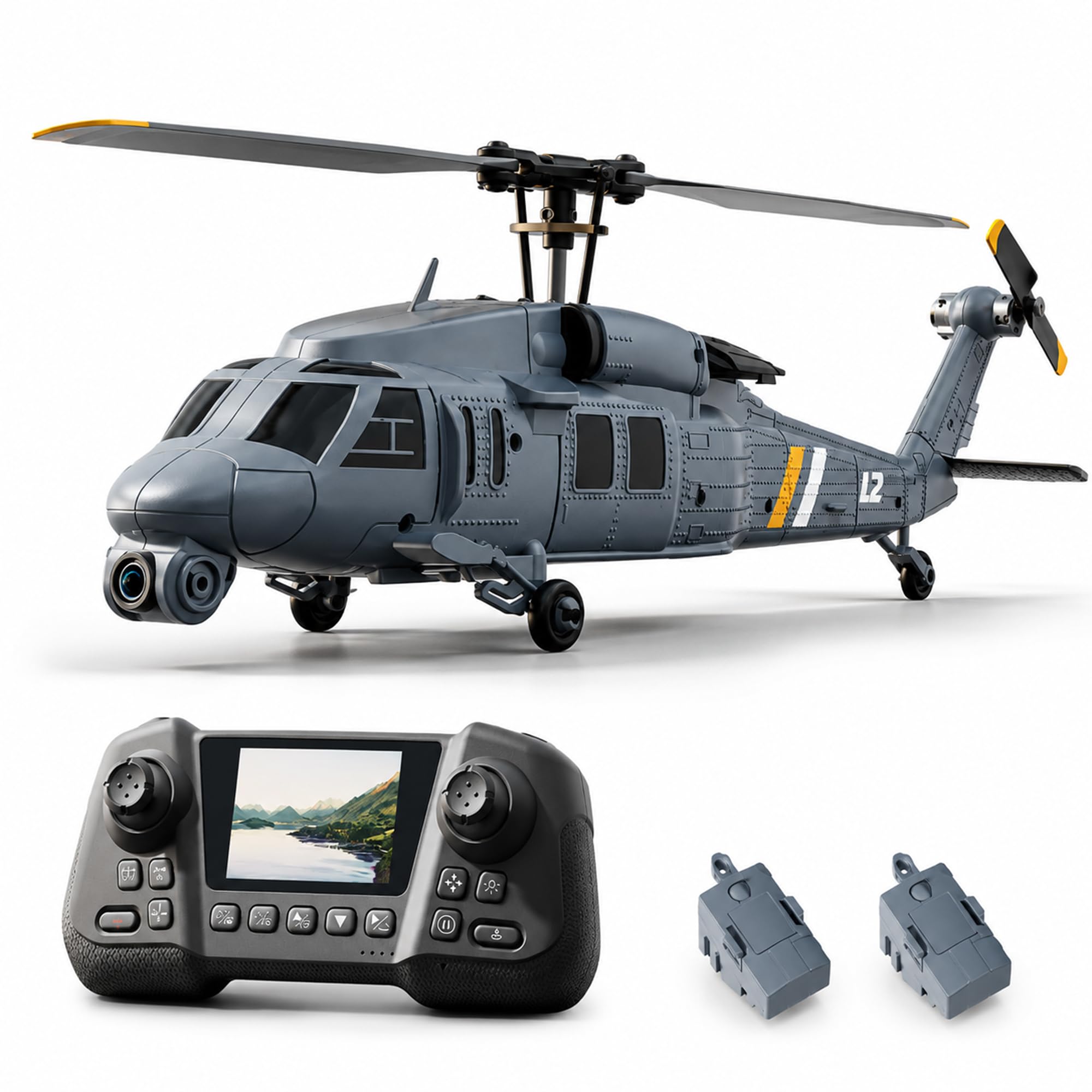 RC Hubschrauber Brushless 4CH, Ferngesteuerter Helikopter mit HD Display Controller, Optical Flow, EIN-Knopf-Start, 2 Akkus für Erwachsene