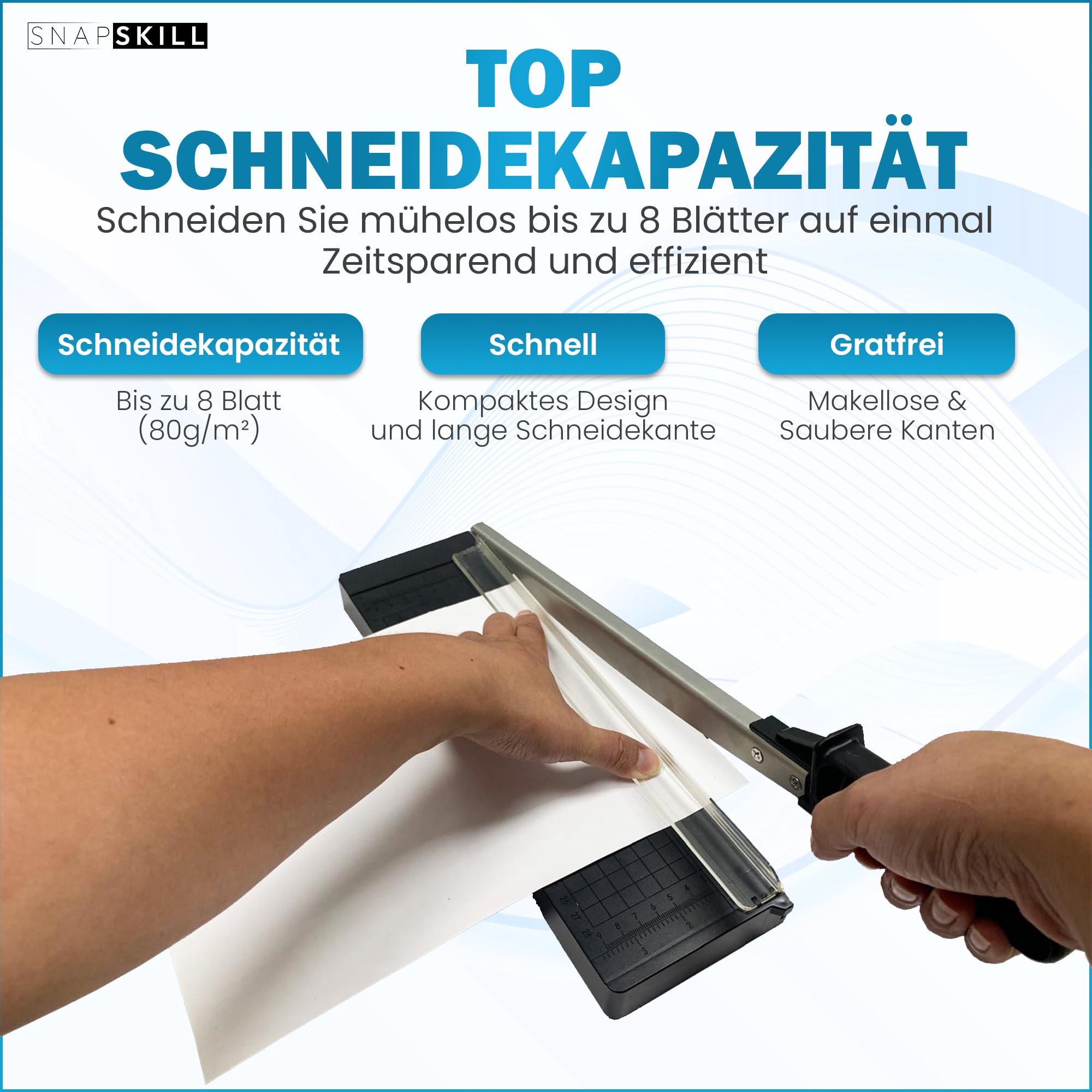 Papierschneider A4 Kompakt 34 cm | Für bis zu 8 Blätter A4-B7 (80g/m²) | Präzise Schneidemaschiene für Papier- & Bastelarbeiten | Ideal für Büro, Schule, Fotografie & Scrapbooking