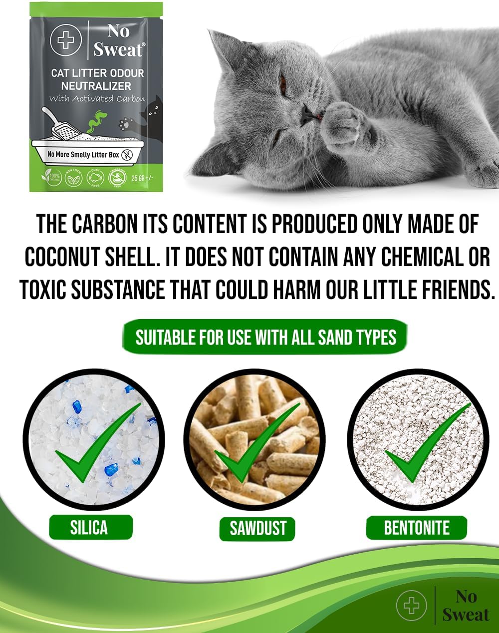 Activated Carbon Cat Litter Odour Neutralizer by No Sweat, 1 Box (5 Sachets)