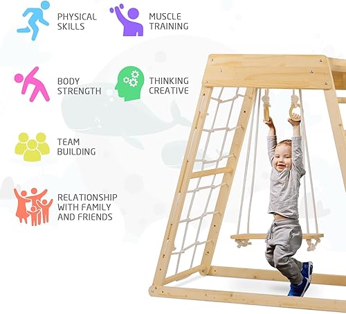 Miniatura 5 de Ogelo Escalador, parque infantil de madera 7 en 1 con gimnasio de la selva, rampa, tobogán, columpio, escalera sueca, barras de mono, escalera de