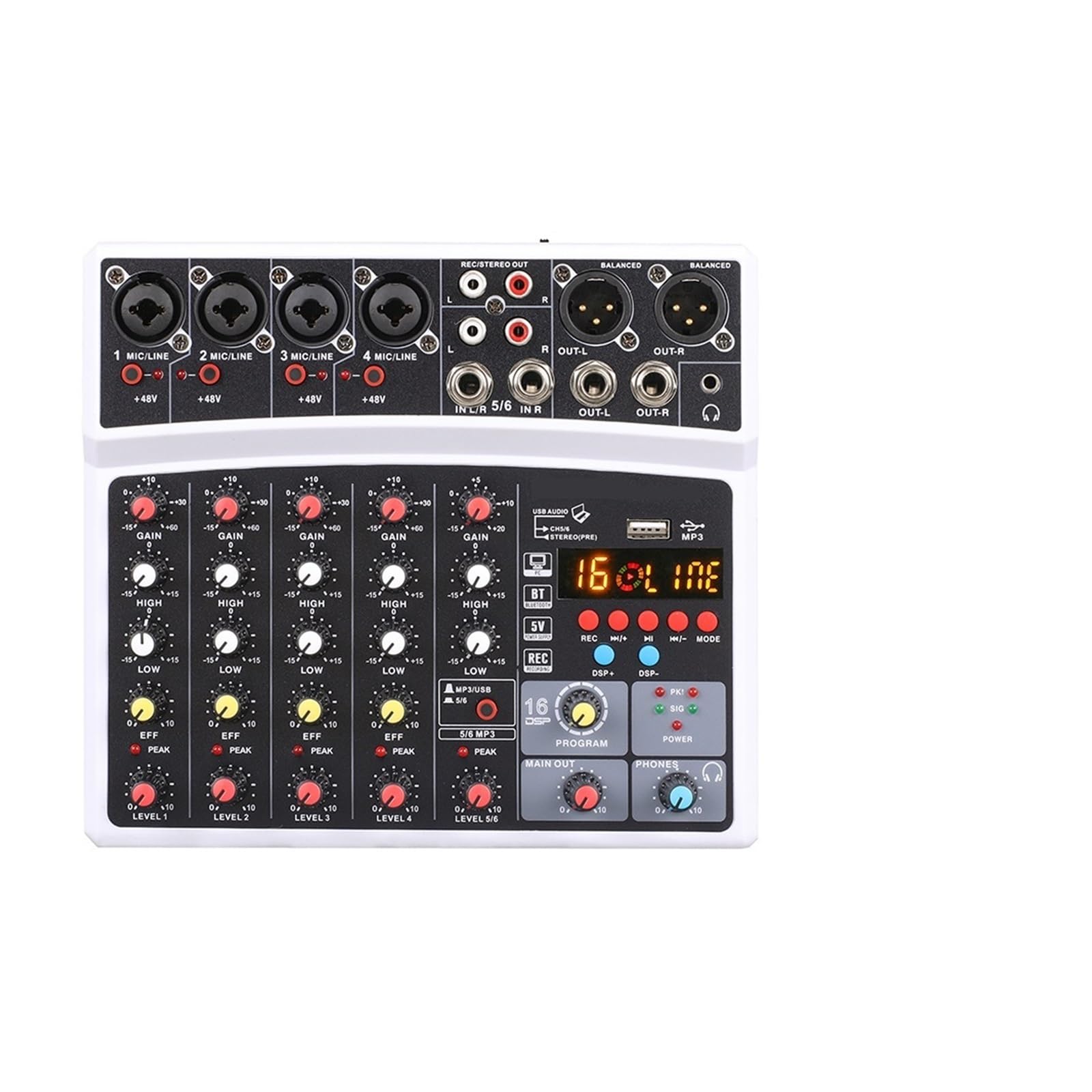 Mikser audio, Bezprzewodowy 6-kanałowy Mikser Audio Przenośna Konsola Miksująca Interfejs USB Karta Dźwiękowa Z 16 DSP Echo 48V Zasilanie Phantom Do studia karaoke(06D-White)