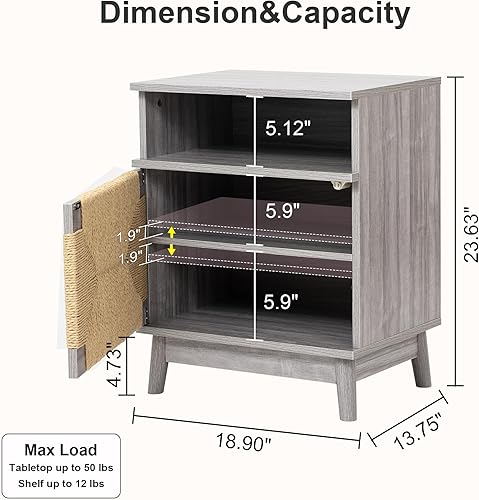 Miniatura 2 de XIAO WEI Juego de 2 mesitas de noche grandes con puertas de cuerda de papel natural tejidas a mano, mesita de noche bohemia, mesa auxiliar de cama,