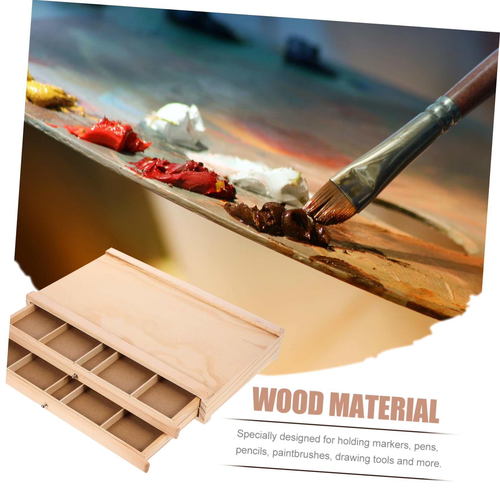 AUTSUPPL Double Layer Wooden Pen Organizer Storage Bin for Artists Desk Organizer Paintbrush Drawer