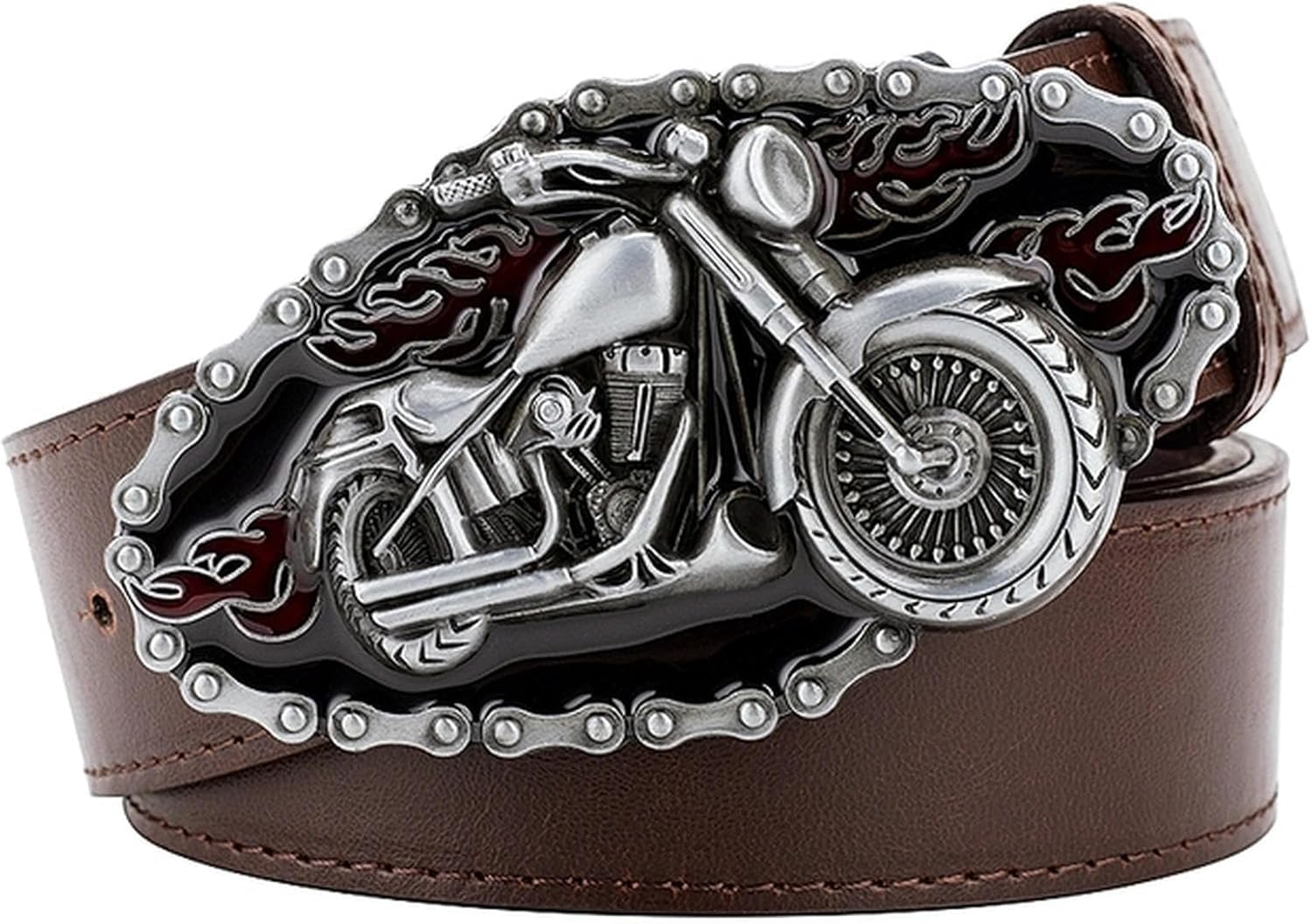 Ceinture cuir marron 130cm pour motard homme avec boucle crâne