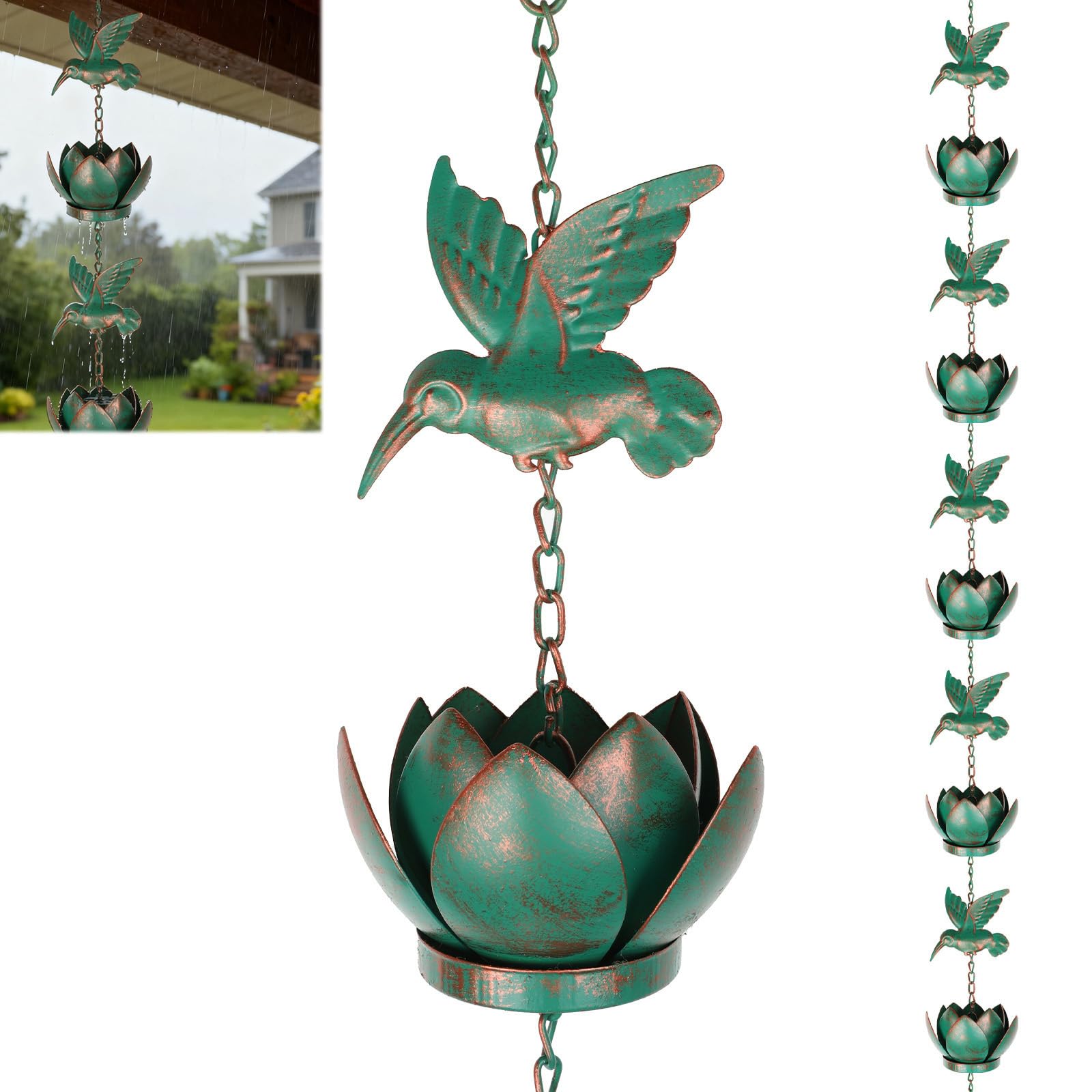 BigKing Chaîne pour eau de pluie Colibri Lotus pour gouttières, 2,4 m Chaîne de pluie suspendue avec crochet, chaîne de pluie pour gouttières extérieures, Eaves Drainage (vert émeraude)