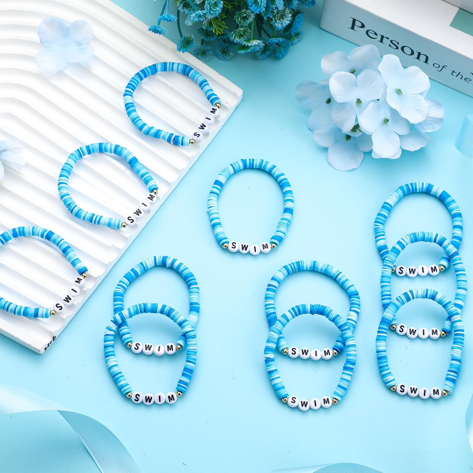 Tondiamo 24 Pcs Swim Bracelet Gifts Bulk, Swimmer clay beaded bracelet Charm Gifts for Teen Swim Accessories for Team Coach Teen Swimmer Team Kids Party Favors