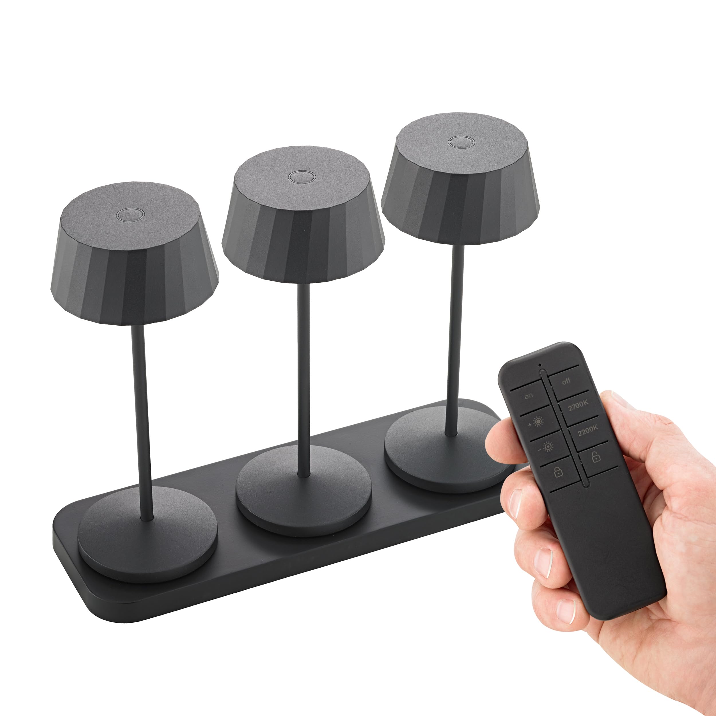 SIGOR Facetta Remote 3er-Set nachtschwarz inkl. Ladestation - LED Akku-Tischlampe dimmbar & kabellos mit Fernbedienungsfunktion, FlexMood (2200K/2700K), bis 12h Leuchtdauer, IP44 Outdoor & Indoor