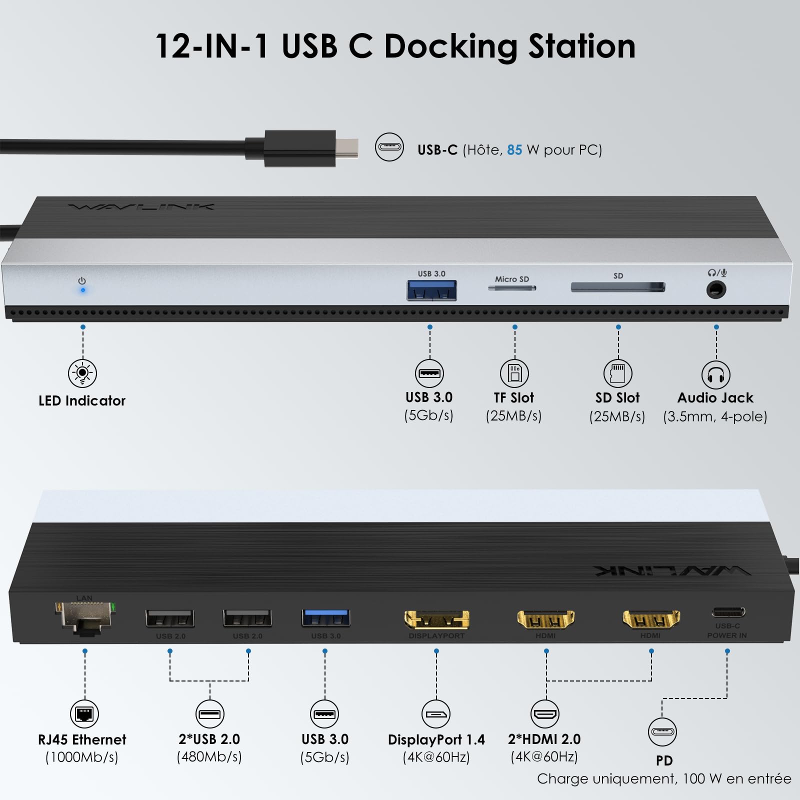 WAVLINK Station d'accueil USB C pour 3 moniteurs, avec Double HDMI, DP, 100 W PD, USB3.0&2.0, RJ45, emplacements SD/TF, Audio/Microphone, Compatible Uniquement avec Les Ordinateurs Windows