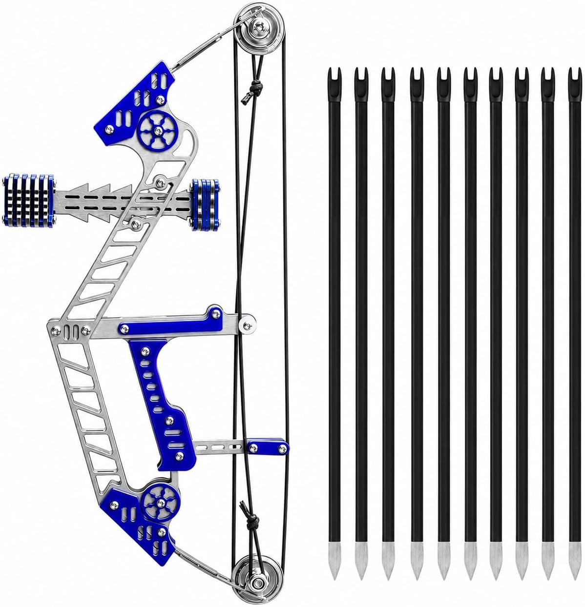 Archery Set Stainless Steel Compound Bow with 10 Arrows Metal Frame Pulley Bow Blue or Black Grip Plates for Target Training and Professional Practice