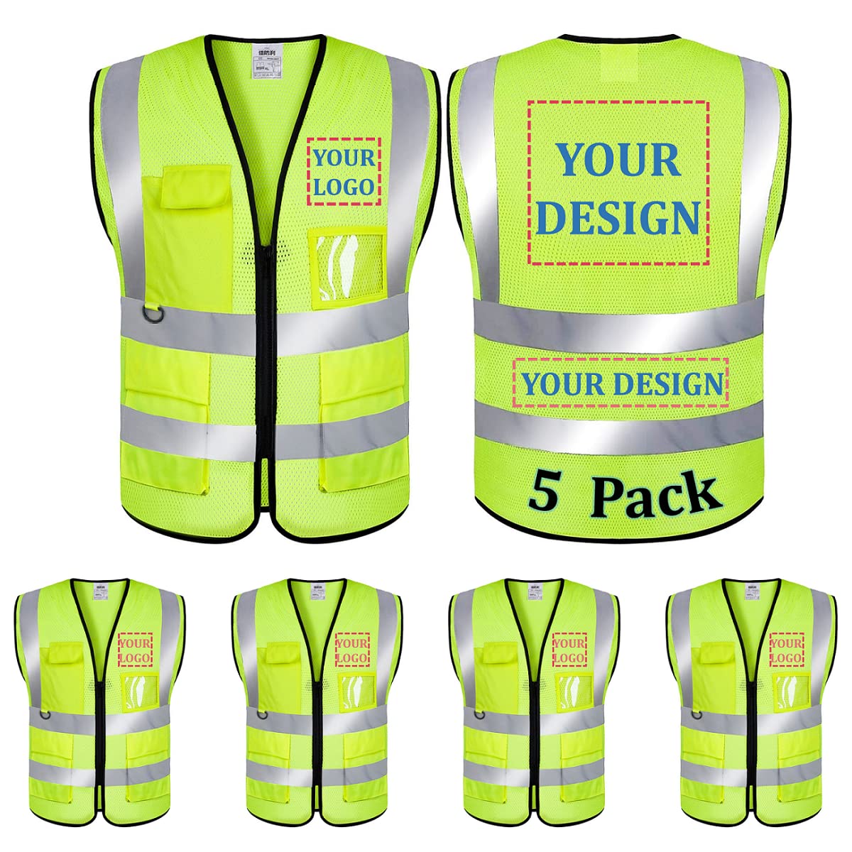 BeautyWill 5 Pack Customized Safety Vest Custom Logo High Visibility Reflective Vest Class 2 Mesh vest with Pockets and Zipper ?Yellow?XXL?