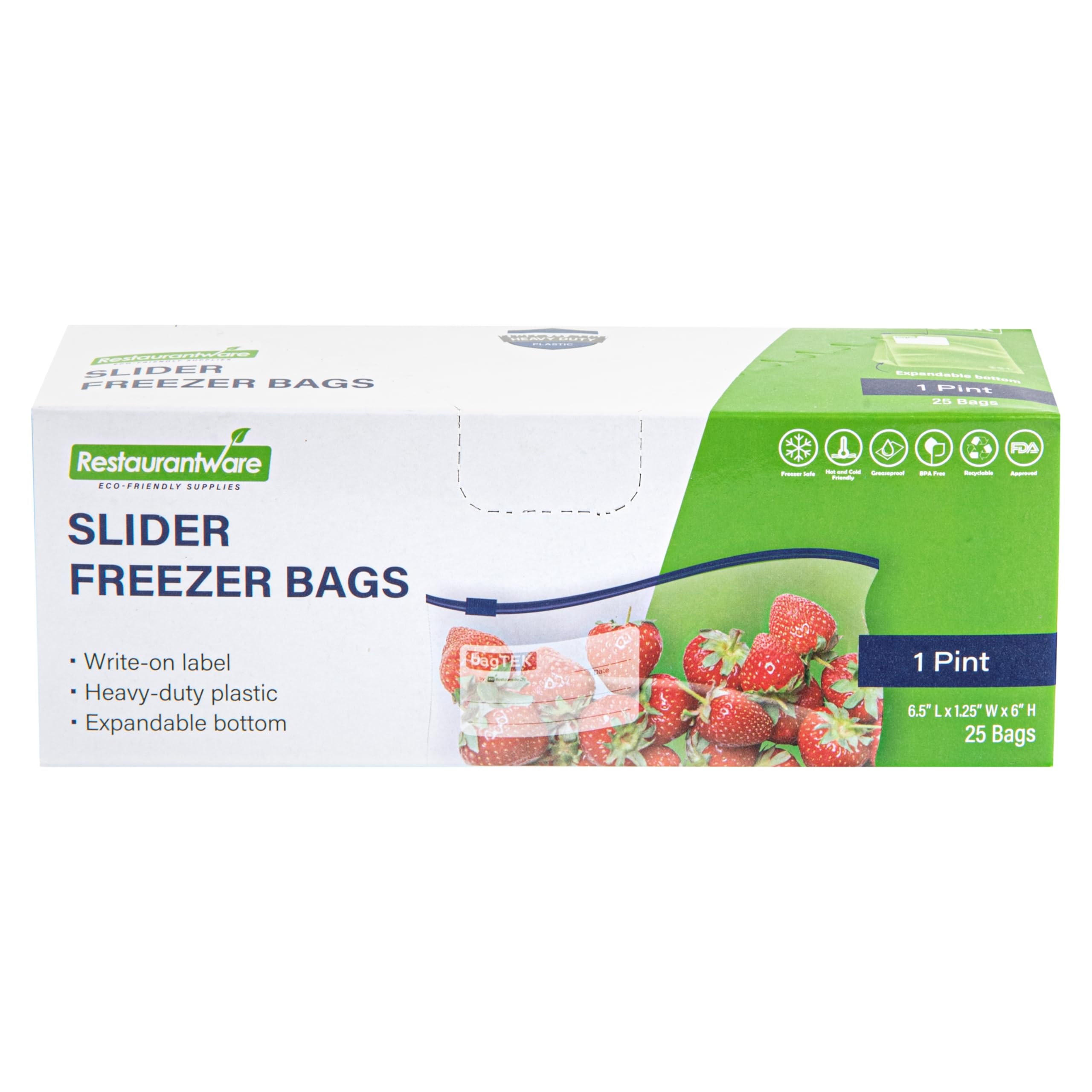 Restaurantware Bag Tek 1 Pint Freezer Slider Bags 25 Disposable Zipper Pouch Bags - Slide Zipper Expandable Bottom Clear Plastic Freezer Bags With Write-On-Label For Food Storage